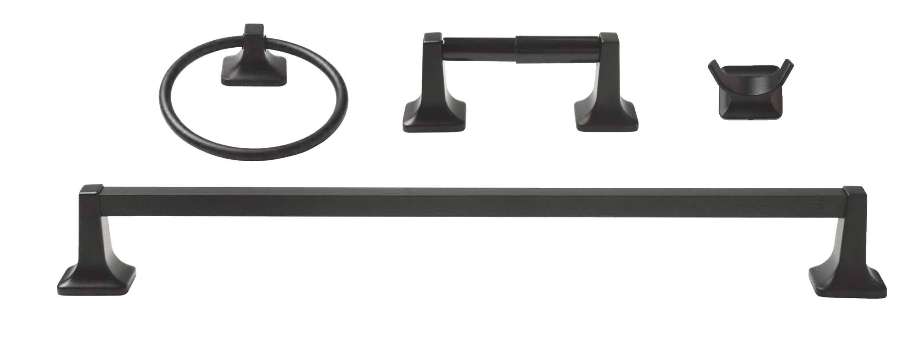 Juego de Baño Decorativo en Negro Mate de 4 Piezas - Barra de Toallas, Porta Papel Higiénico, Anillo para Toalla, Gancho para Batas incluidos