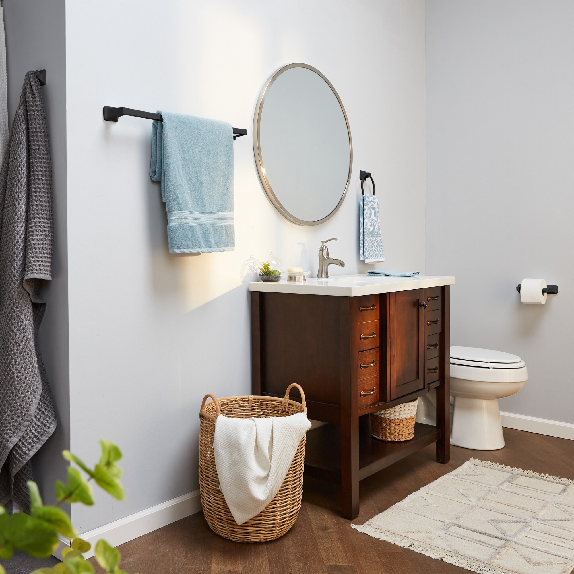 Juego de Baño Decorativo en Negro Mate de 4 Piezas - Barra de Toallas, Porta Papel Higiénico, Anillo para Toalla, Gancho para Batas incluidos