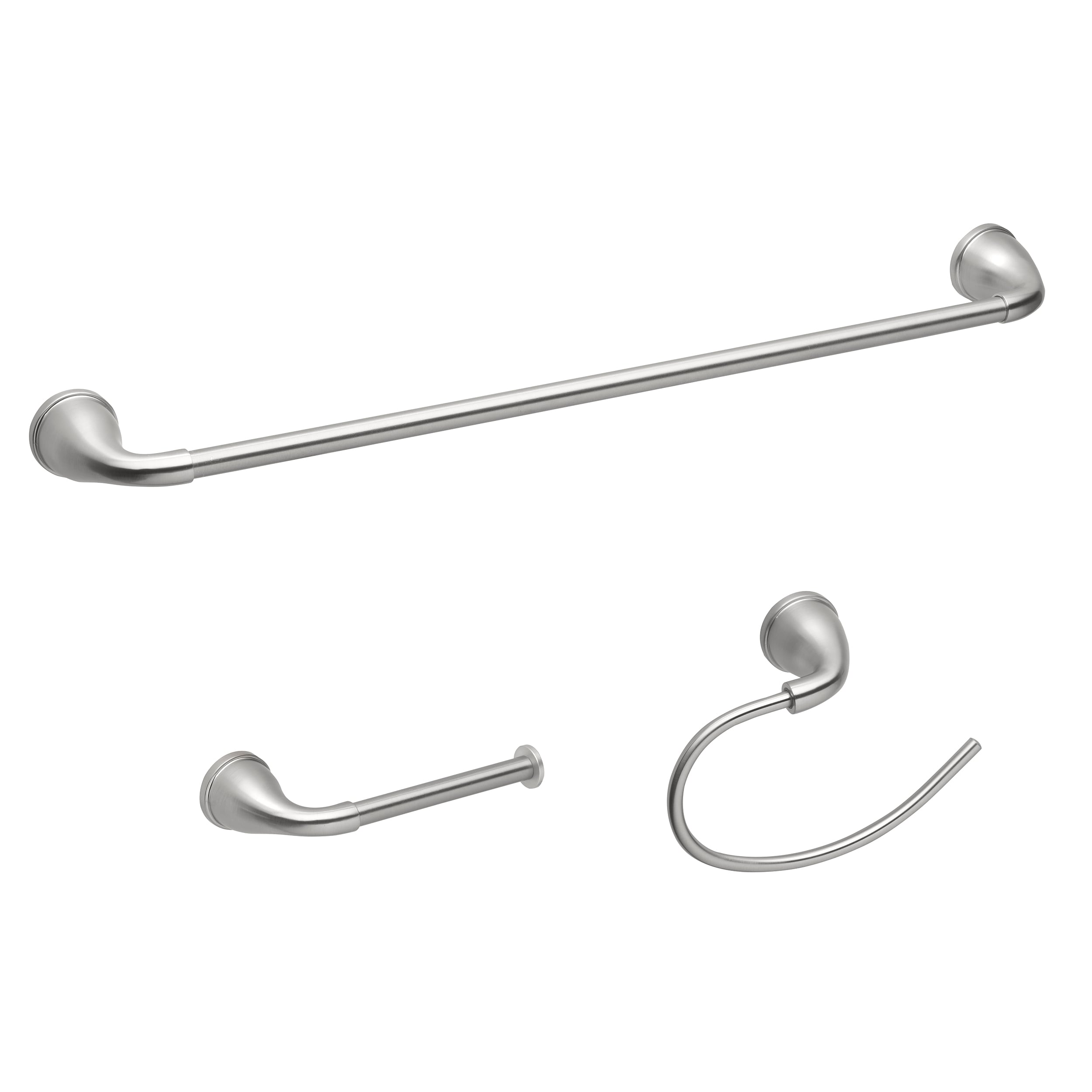 Juego de accesorios de baño decorativos de níquel cepillado de 3 piezas Project Source Dover - Incluye barra de toallas, portarrollos de papel higiénico, anillo de toalla, gancho para batas