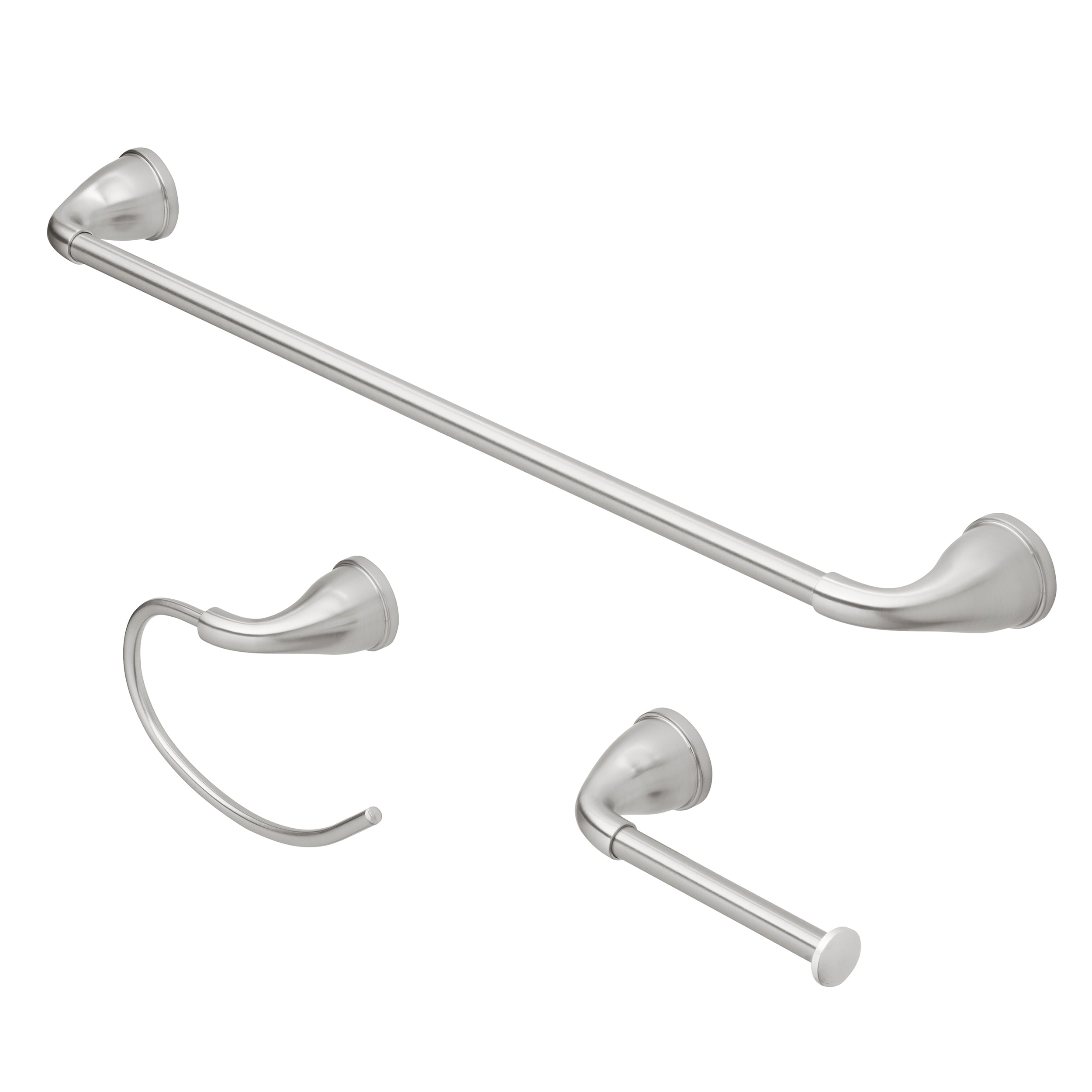 Juego de accesorios de baño decorativos de níquel cepillado de 3 piezas Project Source Dover - Incluye barra de toallas, portarrollos de papel higiénico, anillo de toalla, gancho para batas