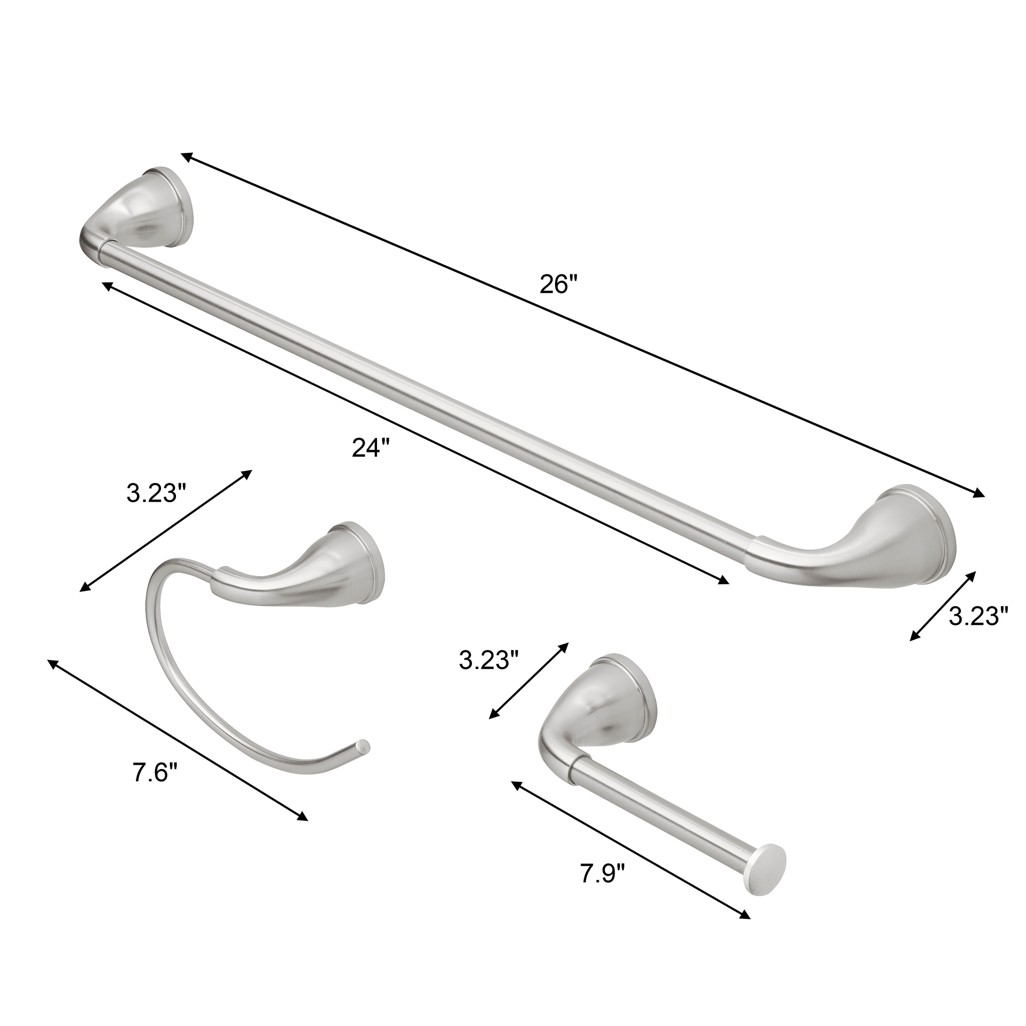 Juego de accesorios de baño decorativos de níquel cepillado de 3 piezas Project Source Dover - Incluye barra de toallas, portarrollos de papel higiénico, anillo de toalla, gancho para batas