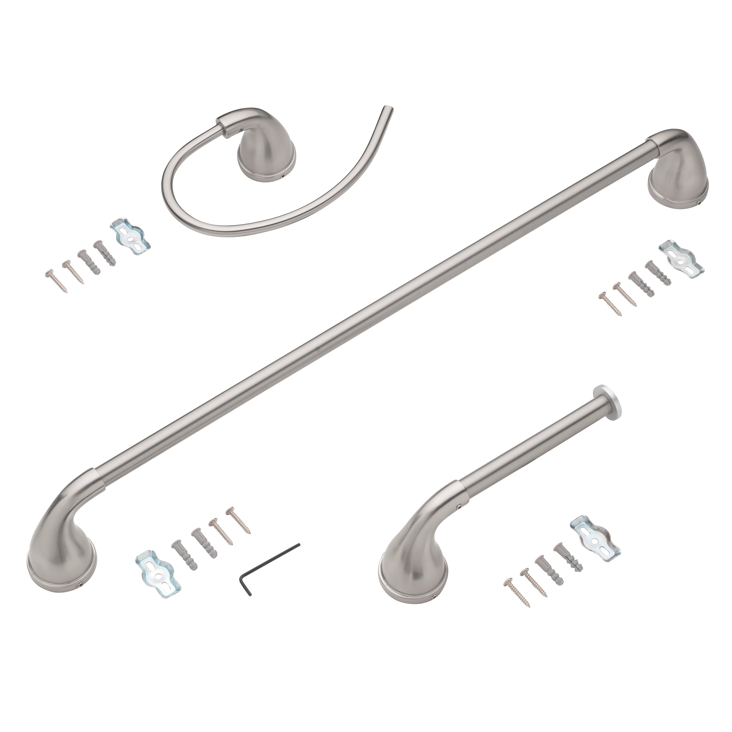 Juego de accesorios de baño decorativos de níquel cepillado de 3 piezas Project Source Dover - Incluye barra de toallas, portarrollos de papel higiénico, anillo de toalla, gancho para batas