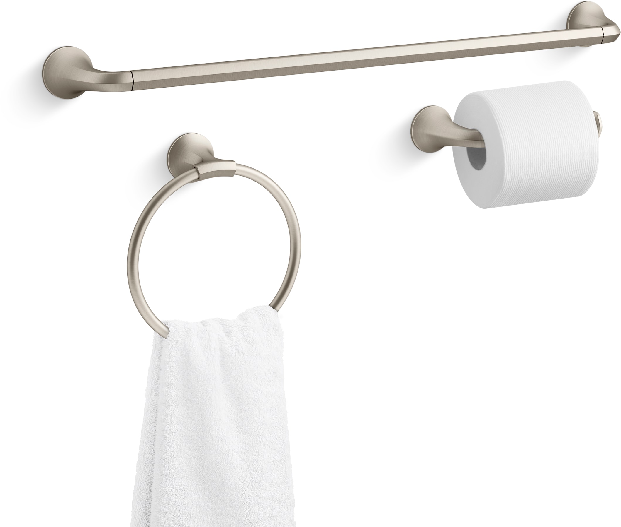 Juego de Accesorios Decorativos para Baño de Níquel Cepillado Vibrante de 3 Piezas KOHLER - Barra de Toalla, Portarrollos y Argolla para Toalla incluidos R29193-BN
