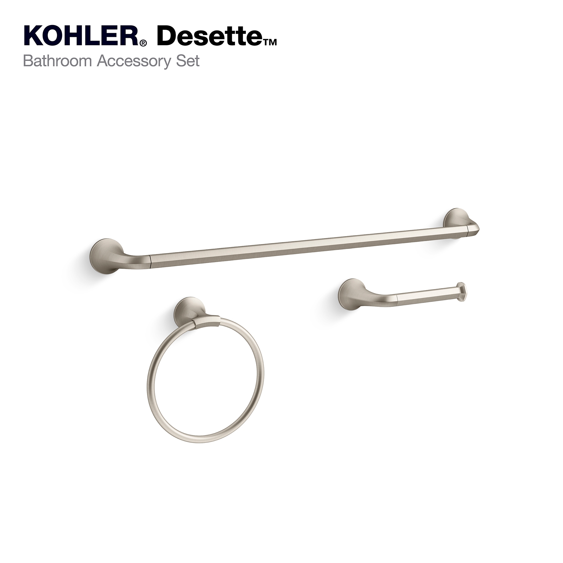 Juego de Accesorios Decorativos para Baño de Níquel Cepillado Vibrante de 3 Piezas KOHLER - Barra de Toalla, Portarrollos y Argolla para Toalla incluidos R29193-BN