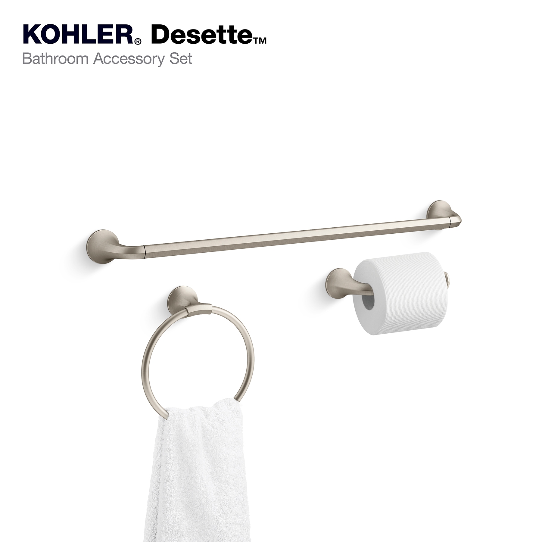 Juego de Accesorios Decorativos para Baño de Níquel Cepillado Vibrante de 3 Piezas KOHLER - Barra de Toalla, Portarrollos y Argolla para Toalla incluidos R29193-BN