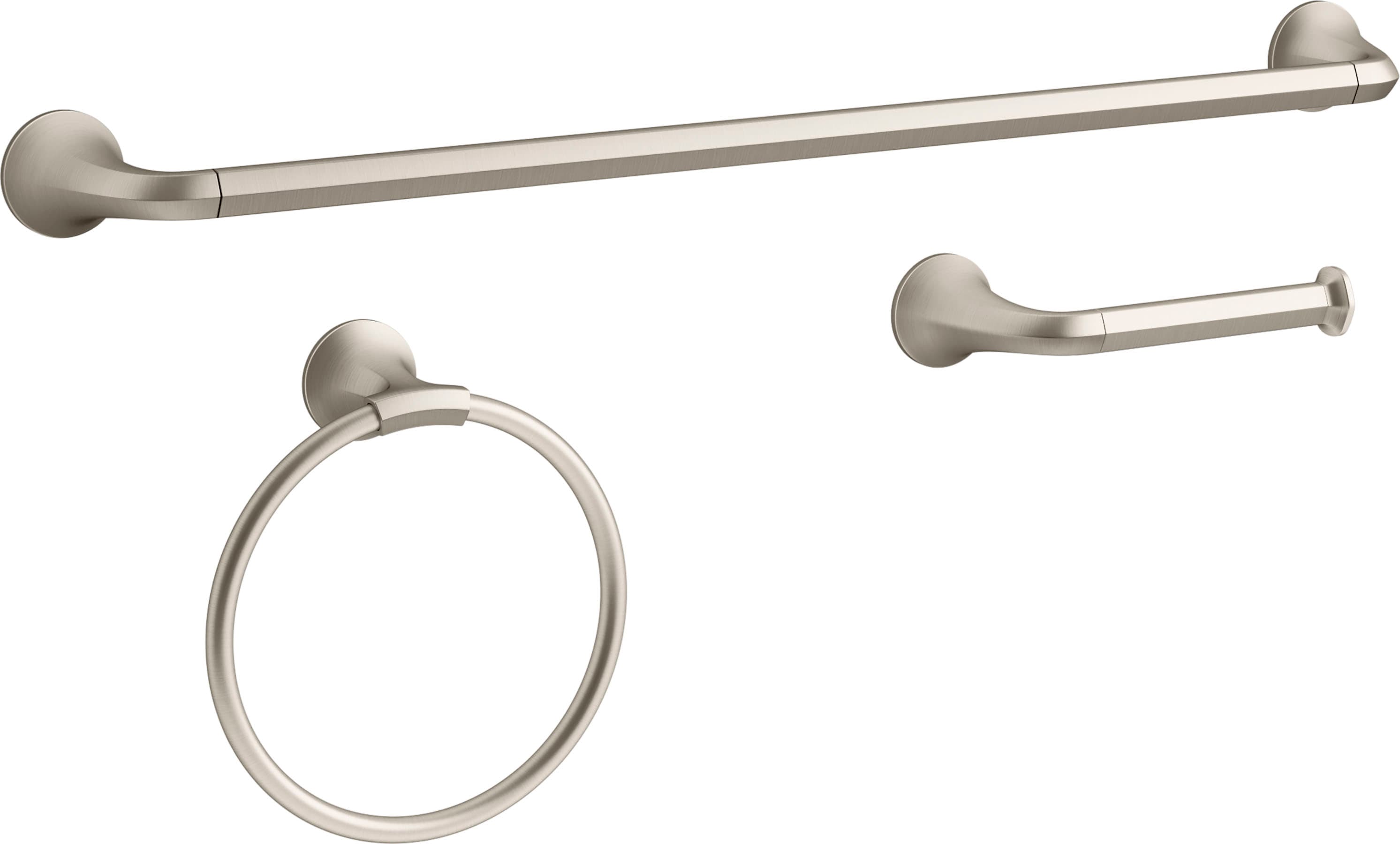Juego de Accesorios Decorativos para Baño de Níquel Cepillado Vibrante de 3 Piezas KOHLER - Barra de Toalla, Portarrollos y Argolla para Toalla incluidos R29193-BN