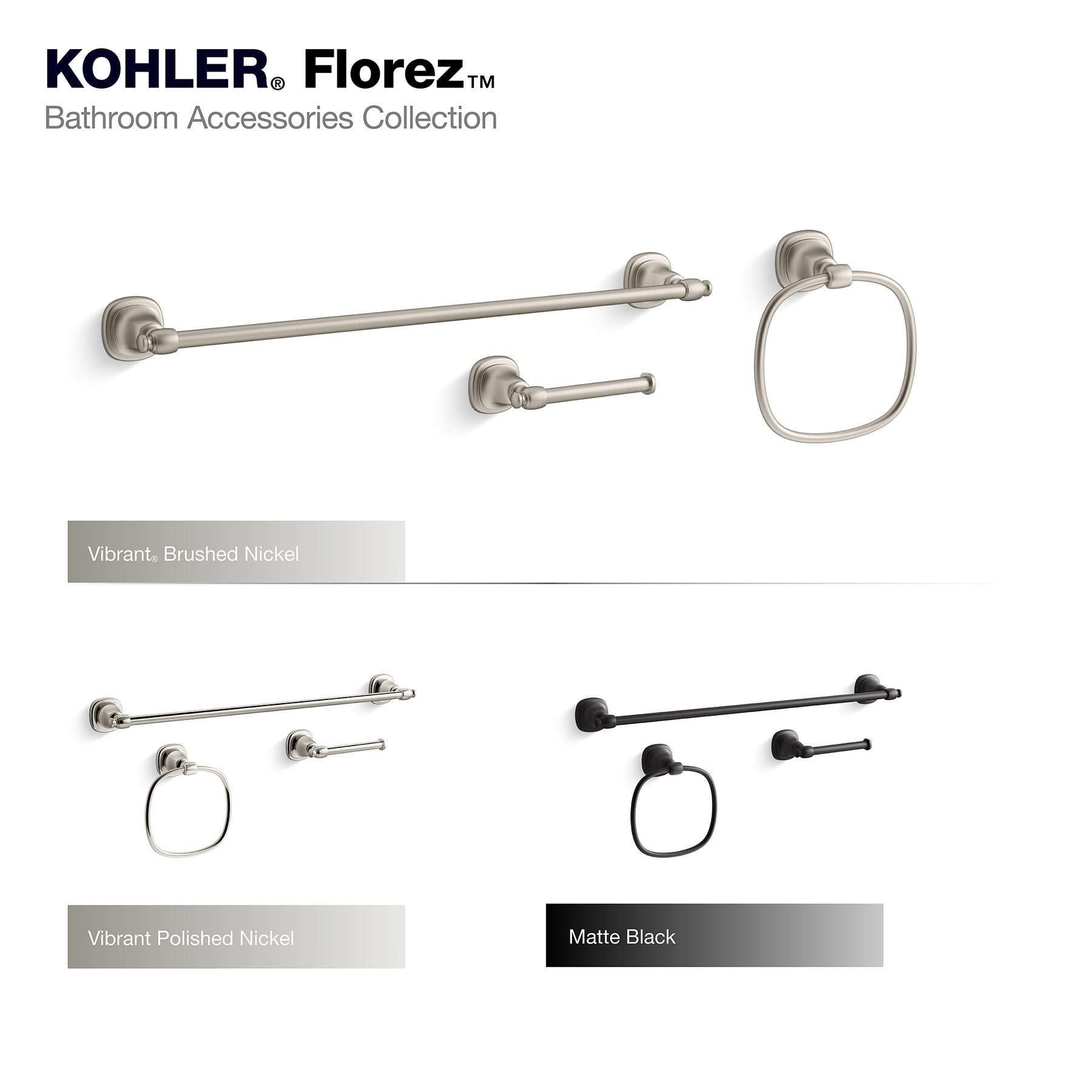 Juego de herrajes para baño decorativo en níquel pulido vibrante de 3 piezas Florez de KOHLER - Barra de toallas, porta rollos de papel higiénico y argolla para toallas incluidos (R27909-SN)