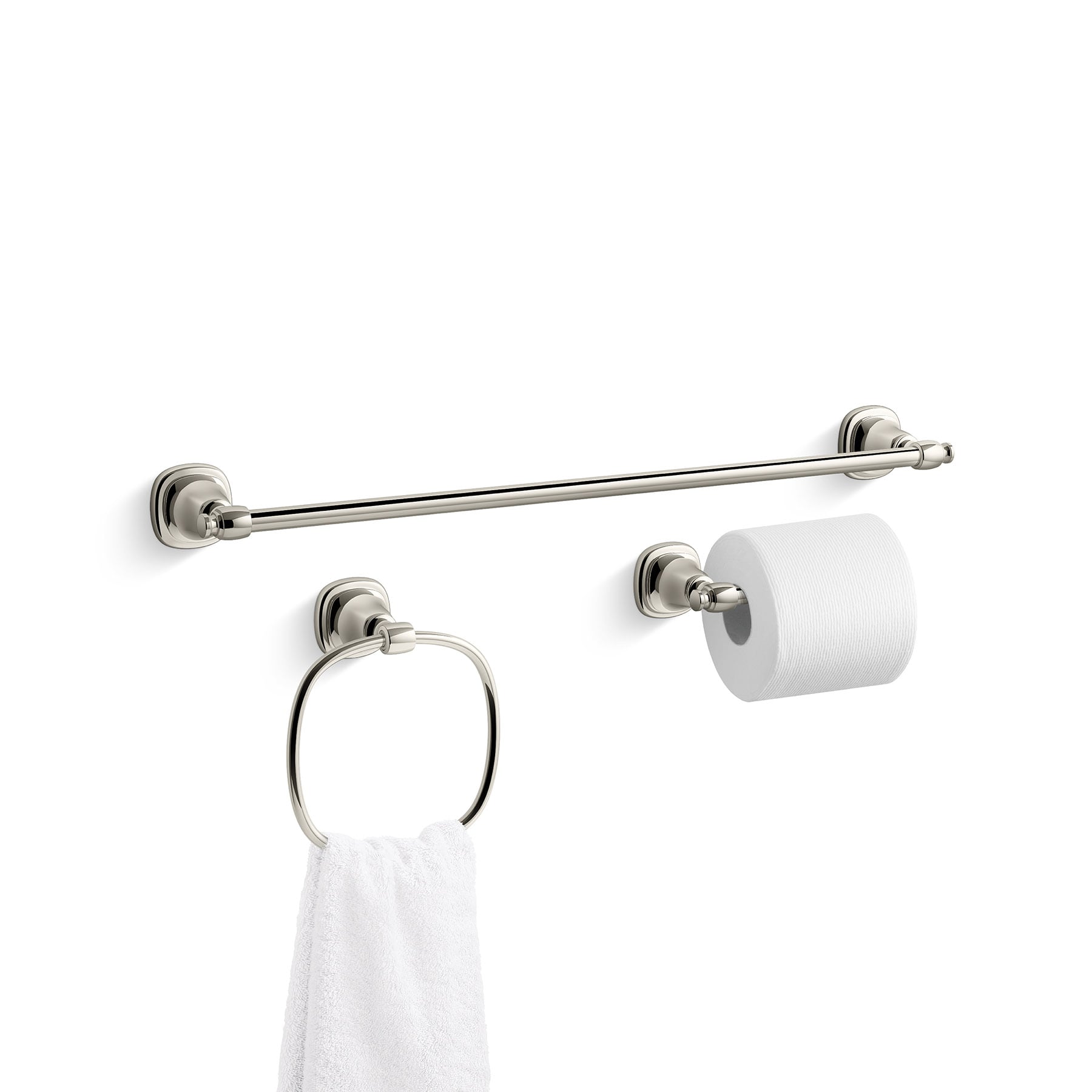 Juego de herrajes para baño decorativo en níquel pulido vibrante de 3 piezas Florez de KOHLER - Barra de toallas, porta rollos de papel higiénico y argolla para toallas incluidos (R27909-SN)