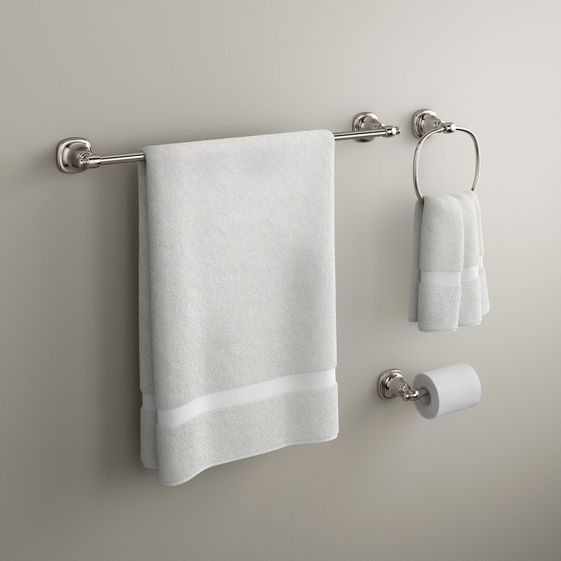 Juego de herrajes para baño decorativo en níquel pulido vibrante de 3 piezas Florez de KOHLER - Barra de toallas, porta rollos de papel higiénico y argolla para toallas incluidos (R27909-SN)