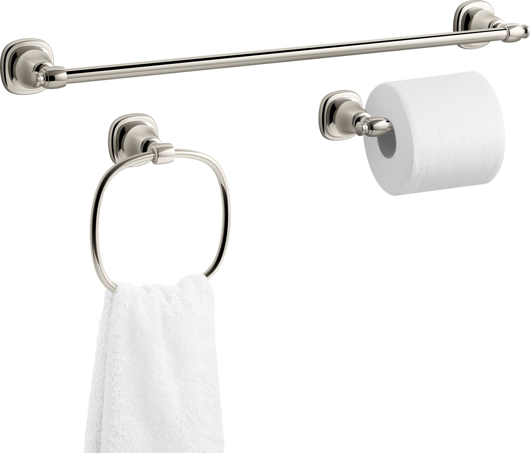 Juego de herrajes para baño decorativo en níquel pulido vibrante de 3 piezas Florez de KOHLER - Barra de toallas, porta rollos de papel higiénico y argolla para toallas incluidos (R27909-SN)