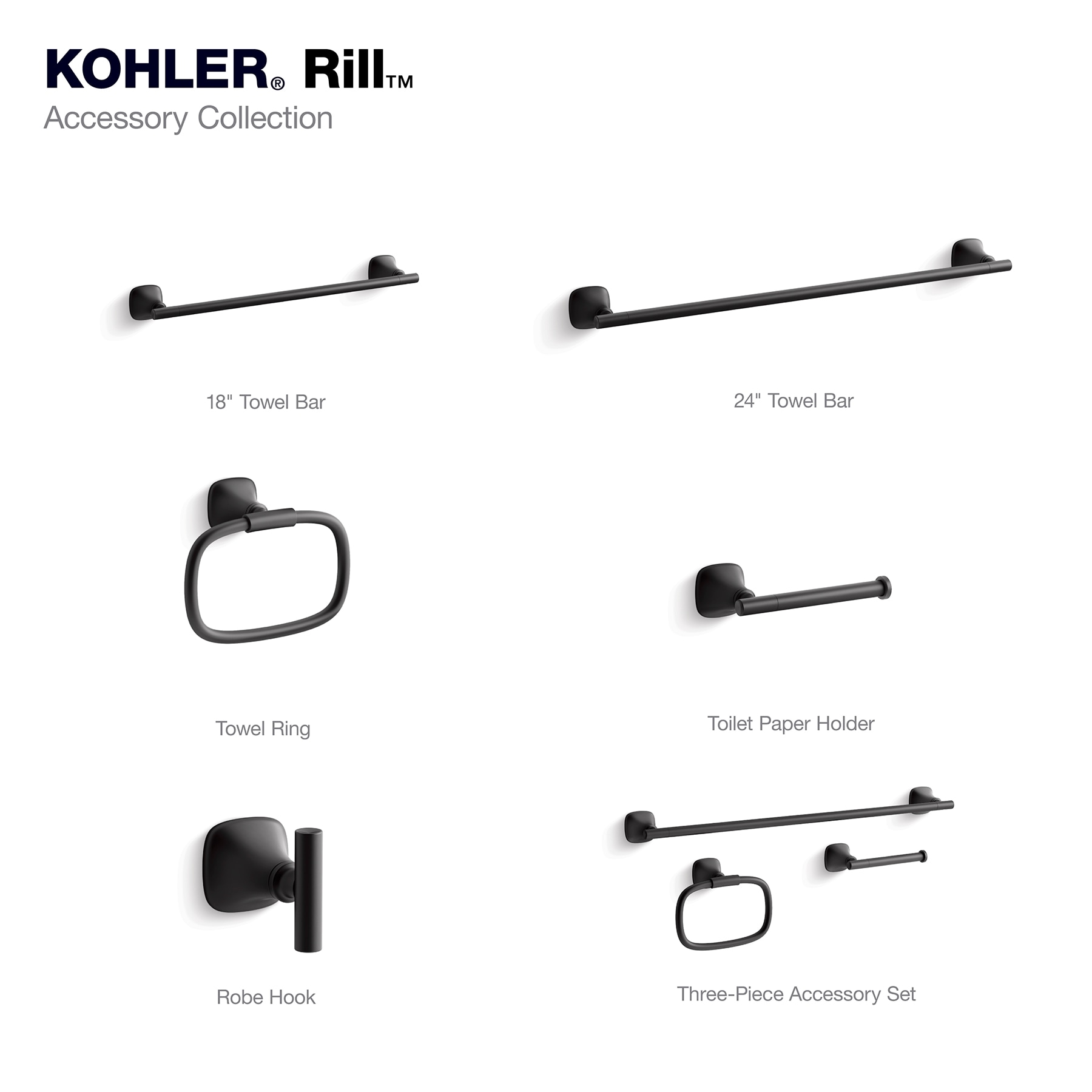 Juego de accesorios de baño decorativos en negro mate KOHLER de 3 piezas: barra de toalla, portarrollos y argolla para toalla (incluidos R28014-BL)