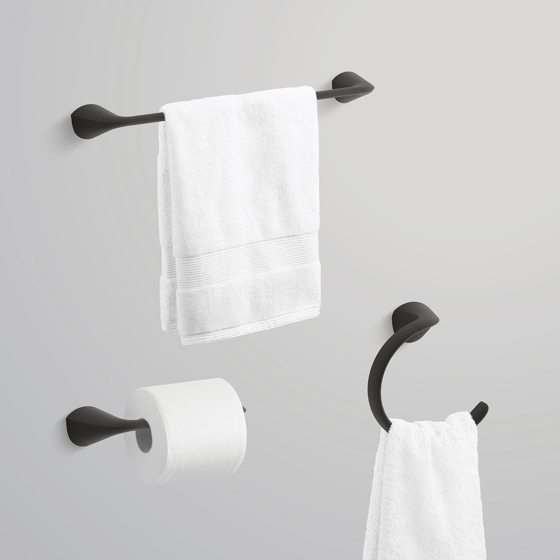 Juego de Accesorios Decorativos para Baño en Negro Mate de 3 Piezas de KOHLER: Barra de Toalla, Portarrollos de Papel Higiénico y Argolla para Toalla Incluidos (R31186-BL)