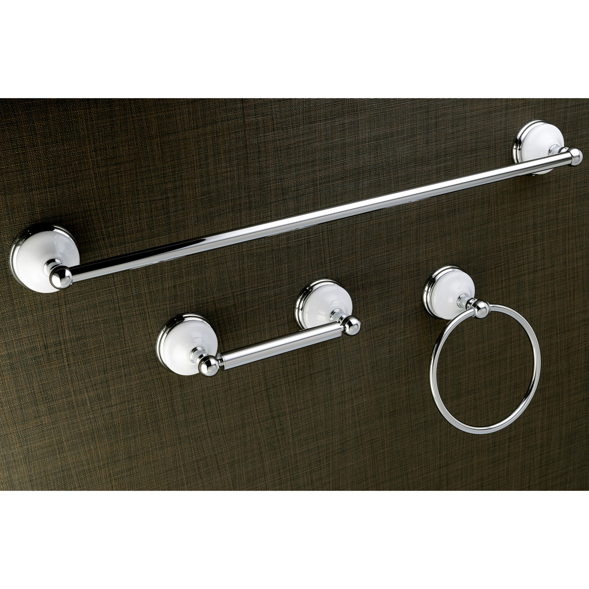 Juego de Accesorios para Baño Víctoriano de Cromo Pulido de 3 Piezas de Kingston Brass: Barra para Toallas, Portarrollos de Papel y Argolla para Toalla incluidos.