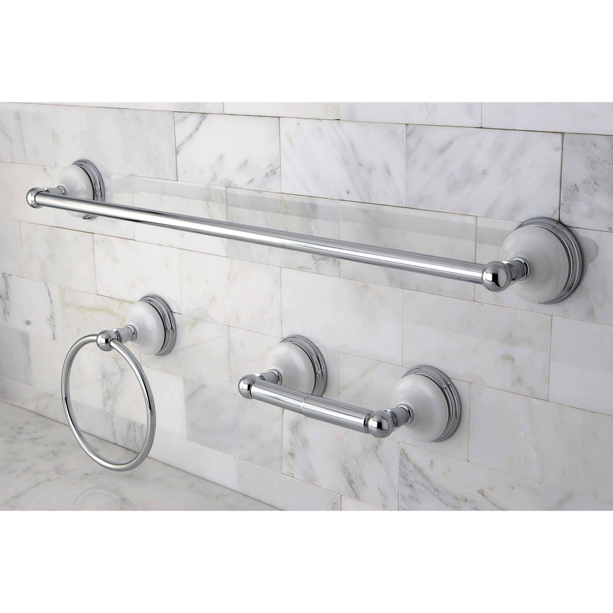 Juego de Accesorios para Baño Víctoriano de Cromo Pulido de 3 Piezas de Kingston Brass: Barra para Toallas, Portarrollos de Papel y Argolla para Toalla incluidos.