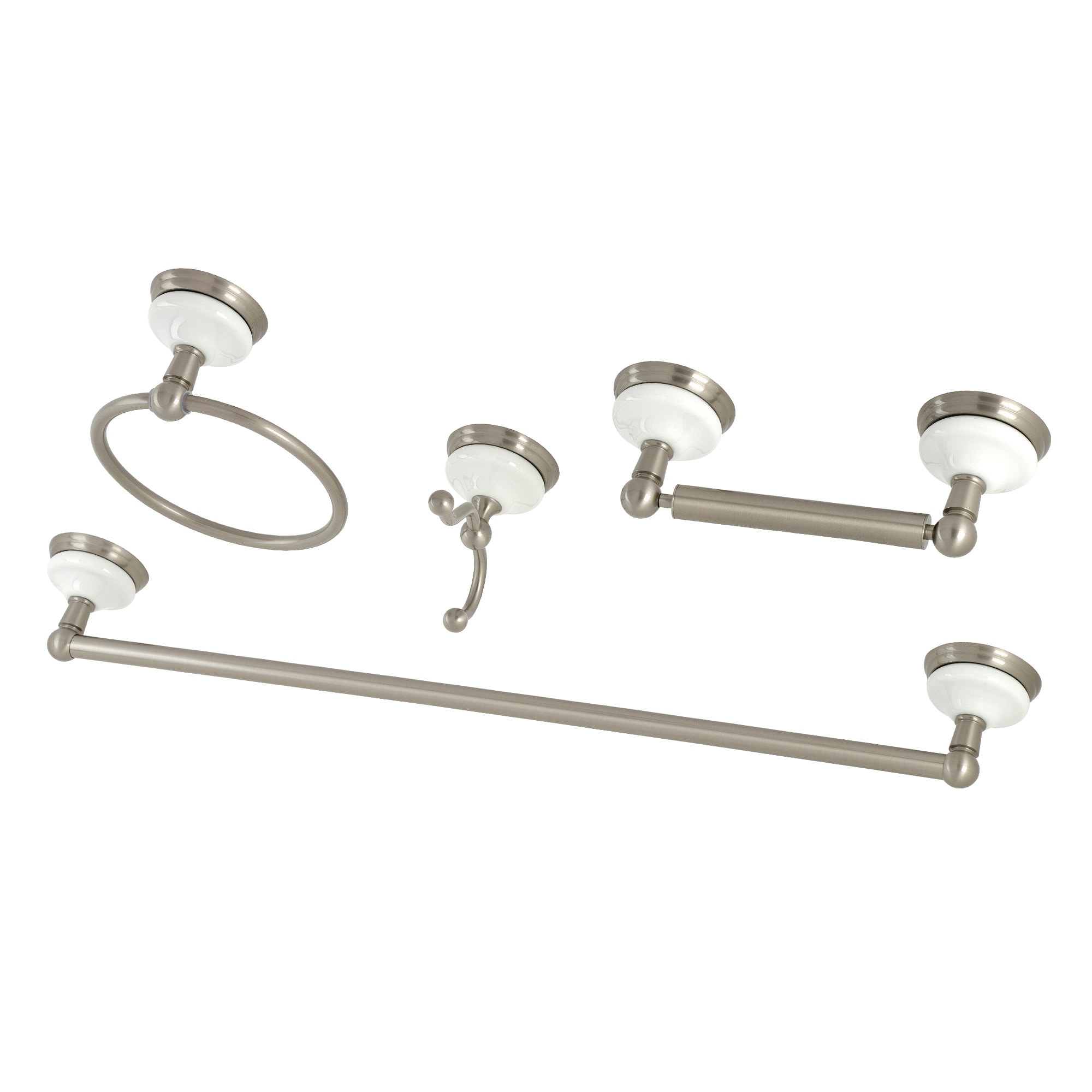 Juego de accesorios de baño decorativos de níquel cepillado de estilo victoriano de 4 piezas Kingston Brass - Incluye barra para toallas, porta papel higiénico, anillo para toallas y gancho para batas WLK11114788