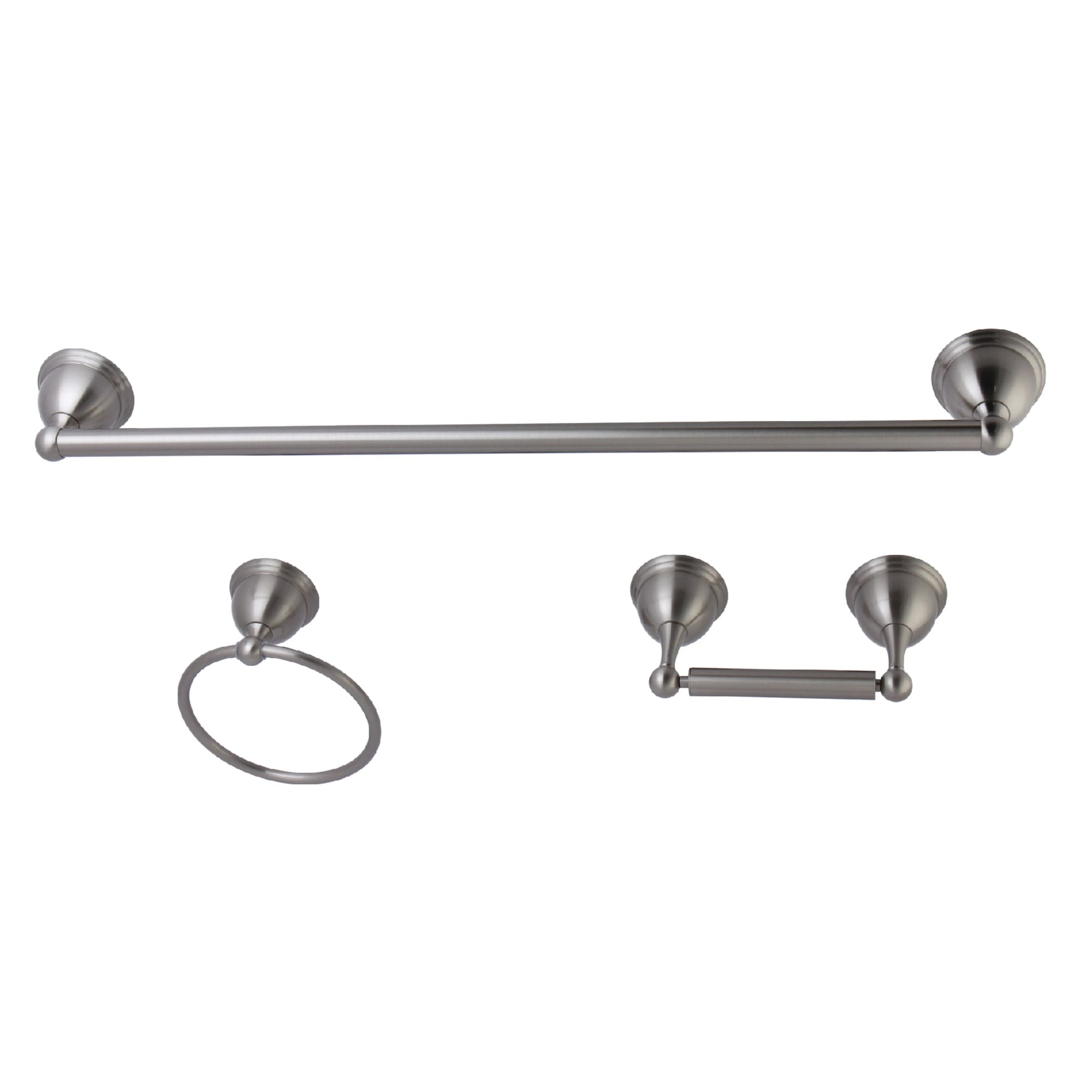 Juego de accesorios decorativos para baño de 3 piezas en níquel cepillado de la colección Restoration de Kingston Brass: Barra para toallas, Porta papel higiénico y Argolla para toallas incluidos.