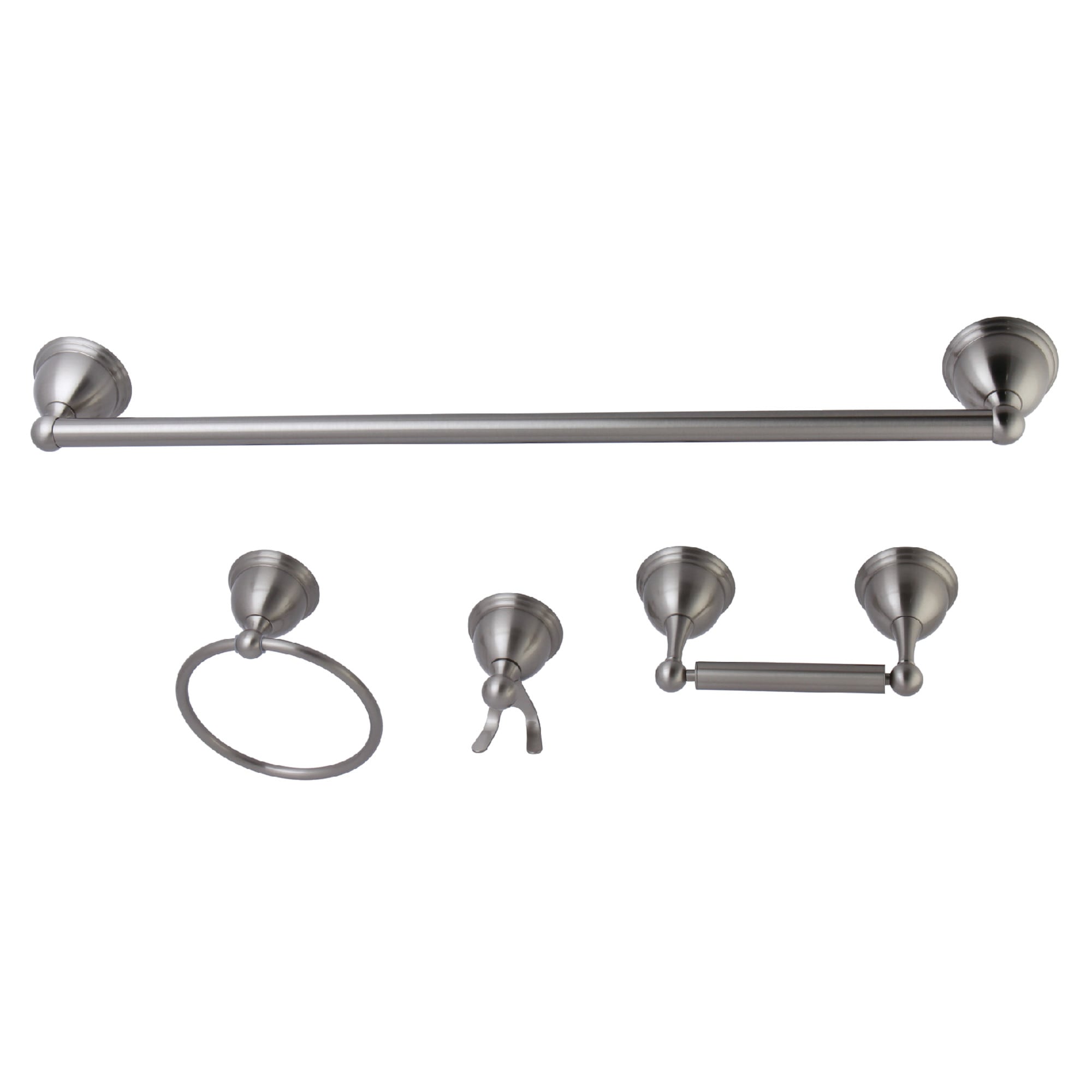 Set de accesorios decorativos de baño Kingston Brass de 4 piezas en níquel cepillado para restauración. Incluye barra para toallas, porta papel higiénico, anillo para toallas y gancho para batas.