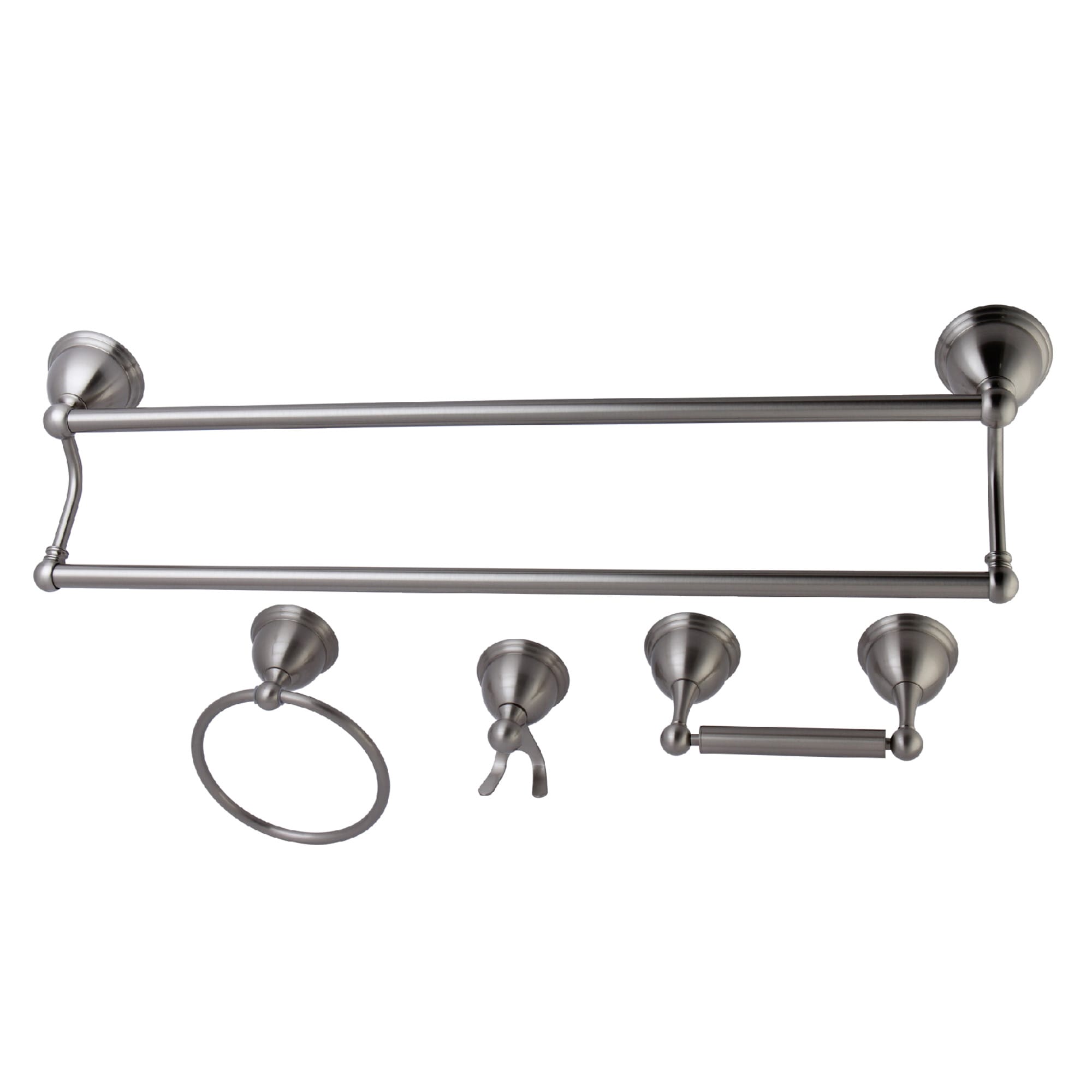 Juego de accesorios de baño decorativos de níquel cepillado de 4 piezas de restauración de Kingston Brass: barra de toallas, porta papel higiénico, argolla para toallas y gancho para batas incluido.