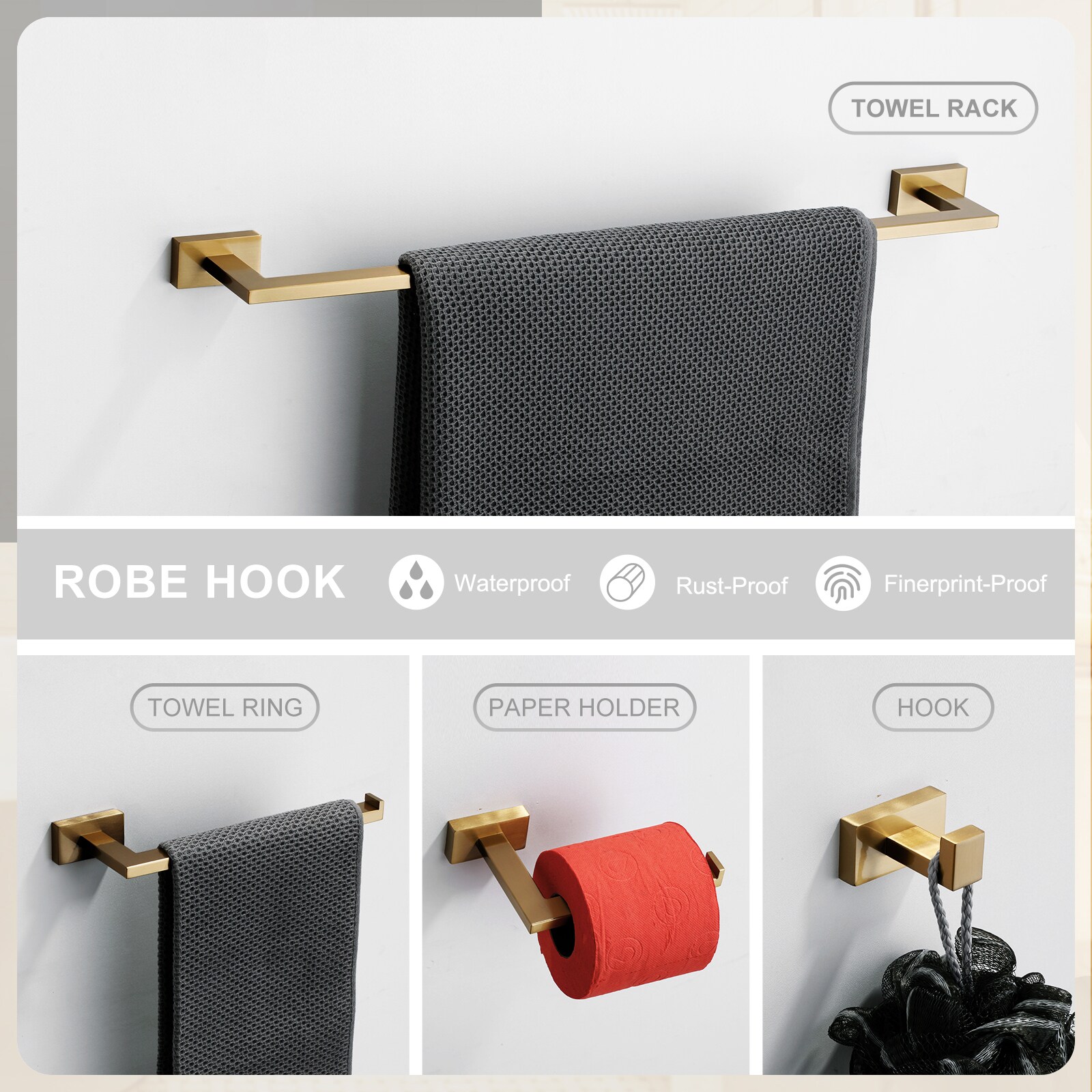 Juego de 5 piezas de accesorios de baño decorativos en dorado incluye barra de toalla, portarrollos de papel higiénico y gancho para bata WOWOW 410115G-LW