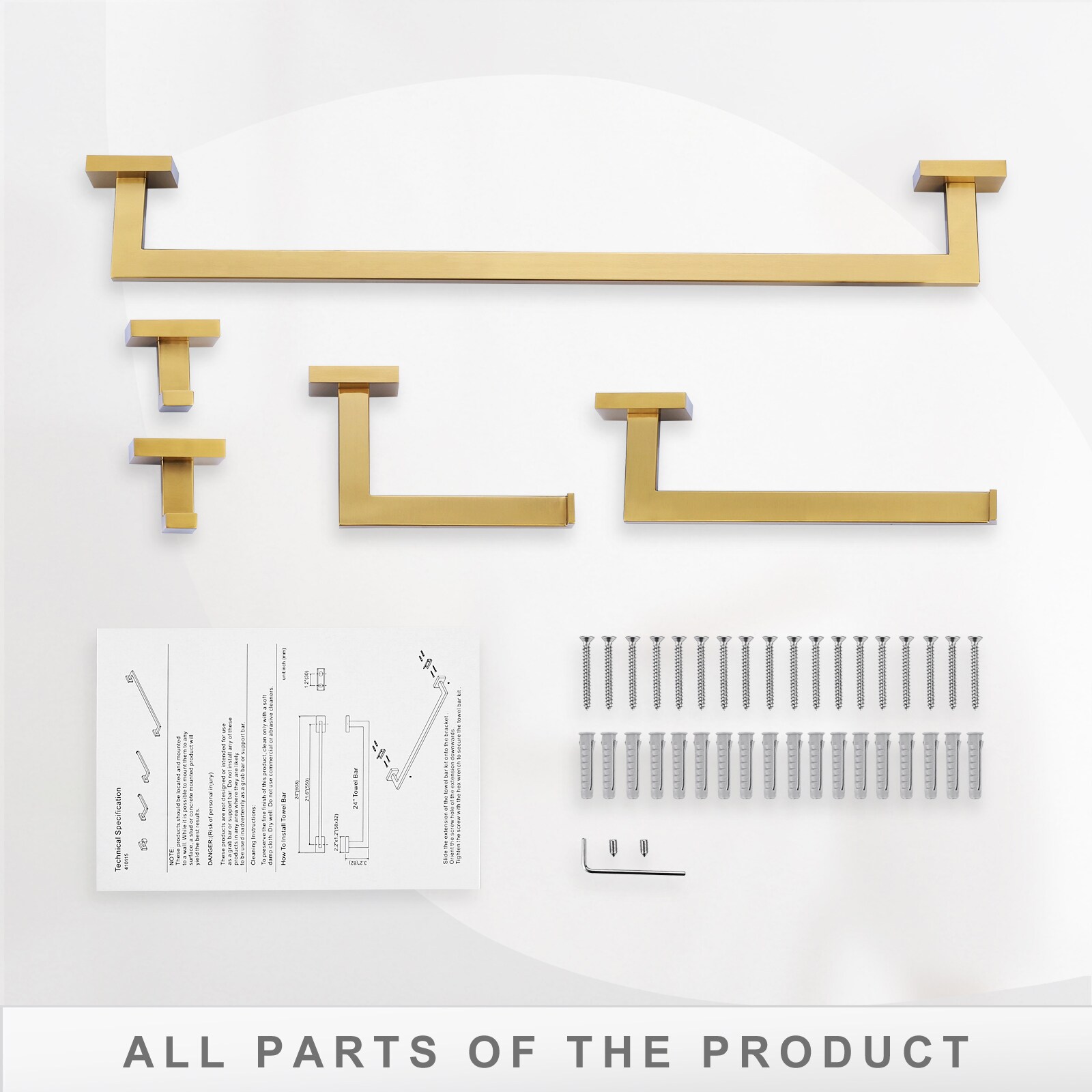 Juego de 5 piezas de accesorios de baño decorativos en dorado incluye barra de toalla, portarrollos de papel higiénico y gancho para bata WOWOW 410115G-LW