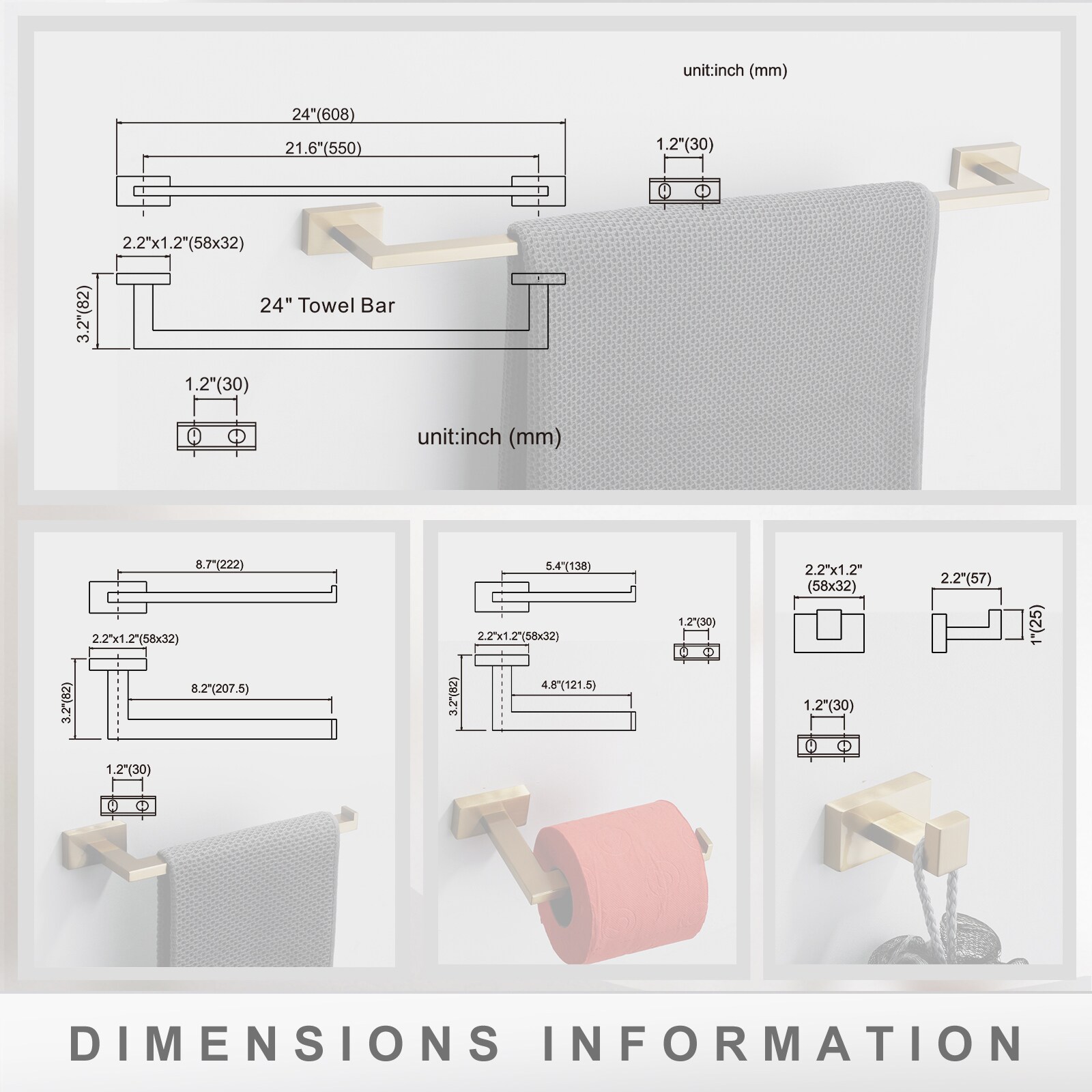 Juego de 5 piezas de accesorios de baño decorativos en dorado incluye barra de toalla, portarrollos de papel higiénico y gancho para bata WOWOW 410115G-LW