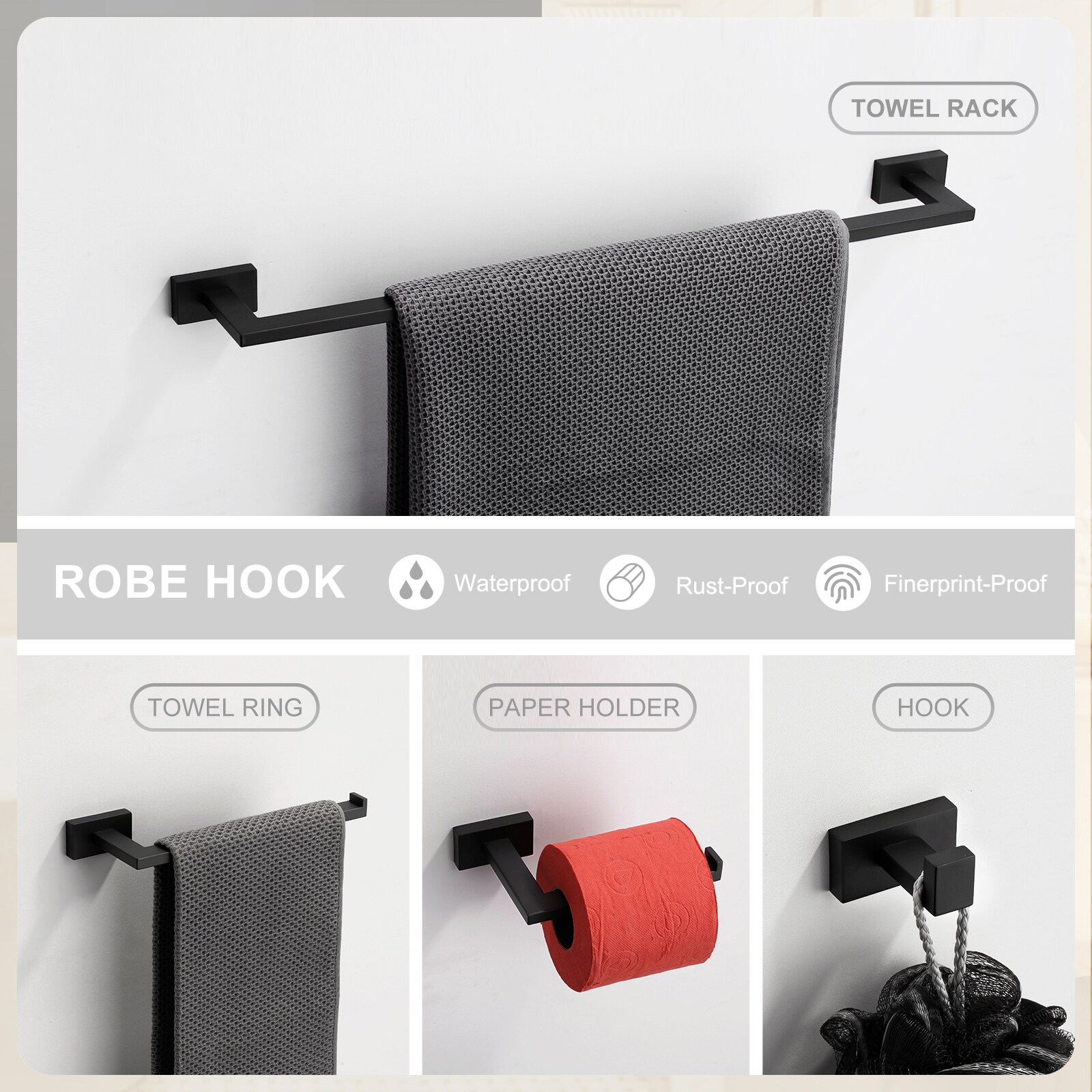 Set de Accesorios de Baño Decorativo de 5 Piezas en Negro Mate, Incluye Barra de Toallas, Porta Papel Higiénico y Gancho para Batas WOWOW 410115B-LW