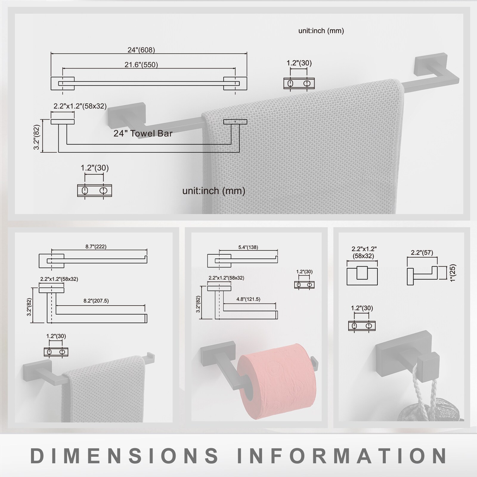 Set de Accesorios de Baño Decorativo de 5 Piezas en Negro Mate, Incluye Barra de Toallas, Porta Papel Higiénico y Gancho para Batas WOWOW 410115B-LW