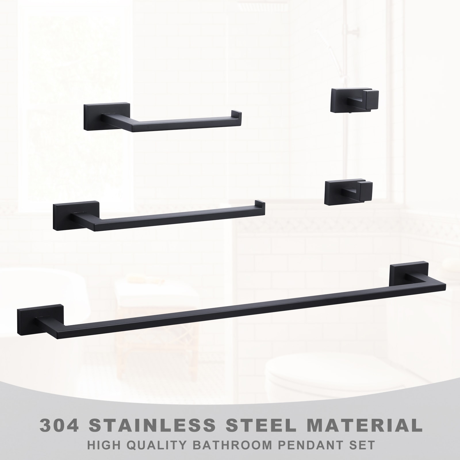 Set de Accesorios de Baño Decorativo de 5 Piezas en Negro Mate, Incluye Barra de Toallas, Porta Papel Higiénico y Gancho para Batas WOWOW 410115B-LW