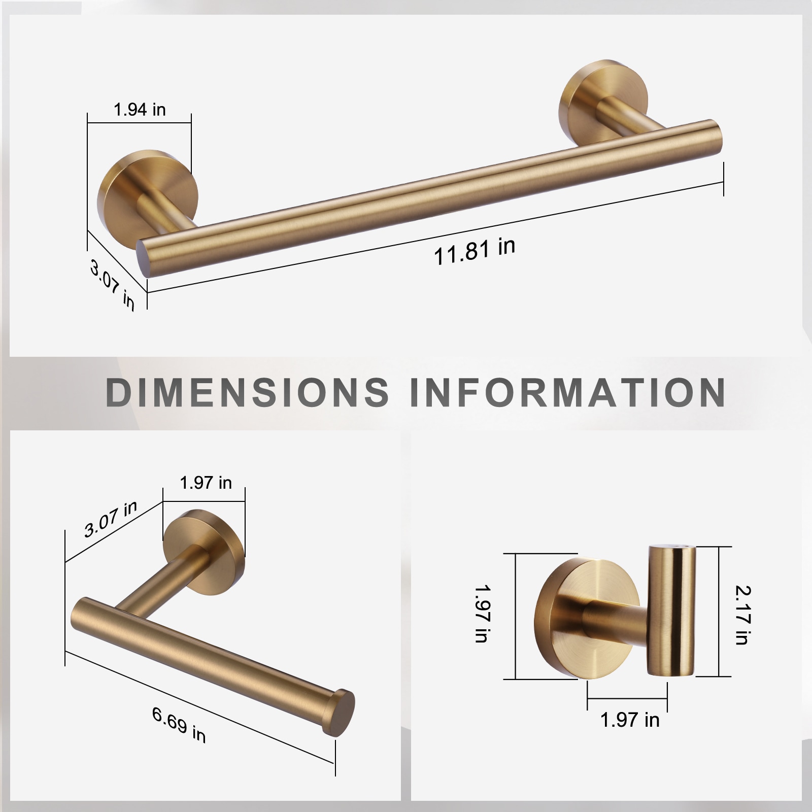Set de 3 piezas de accesorios de baño decorativos en color dorado. Incluye barra para toallas, portarrollos de papel higiénico y gancho para batas.