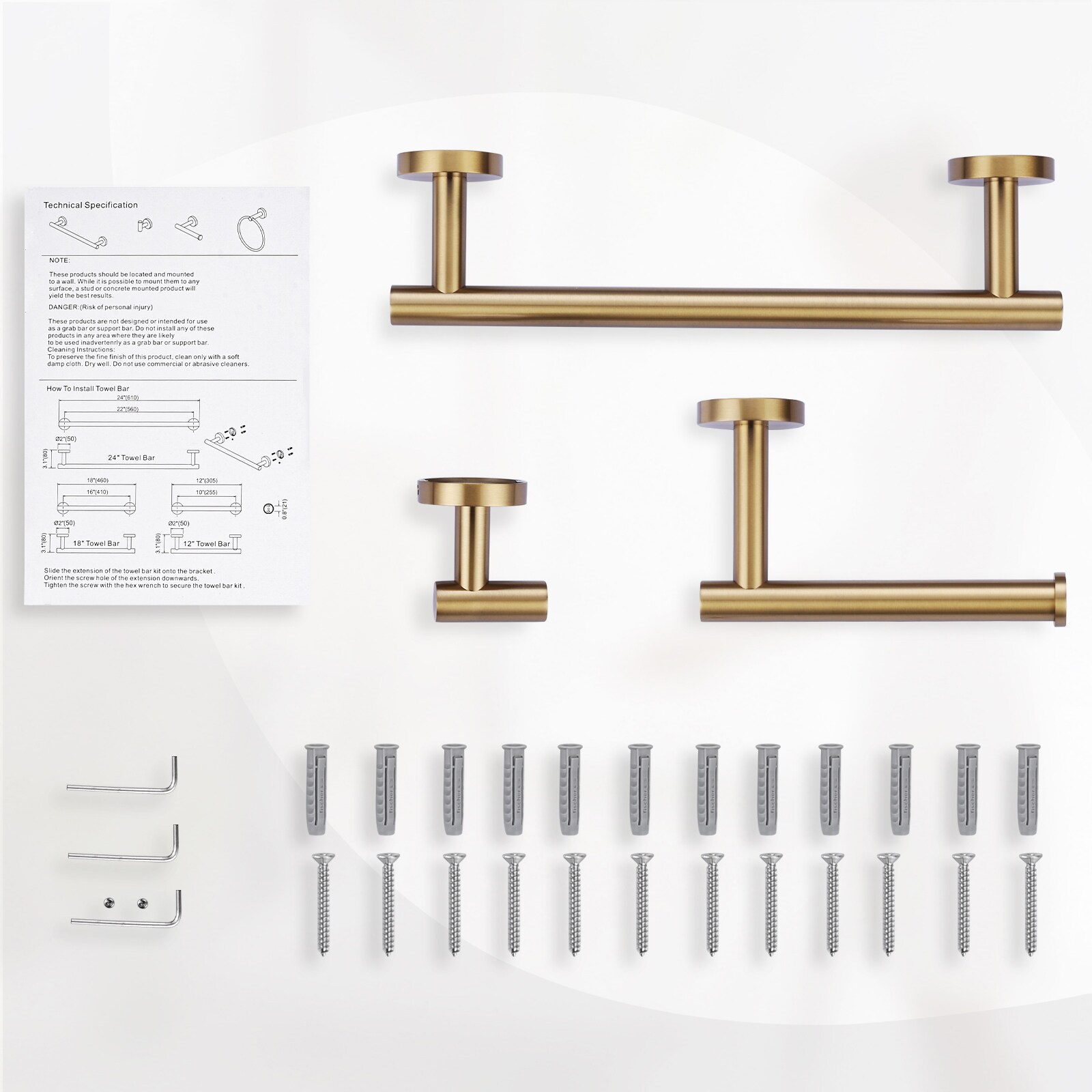 Set de 3 piezas de accesorios de baño decorativos en color dorado. Incluye barra para toallas, portarrollos de papel higiénico y gancho para batas.