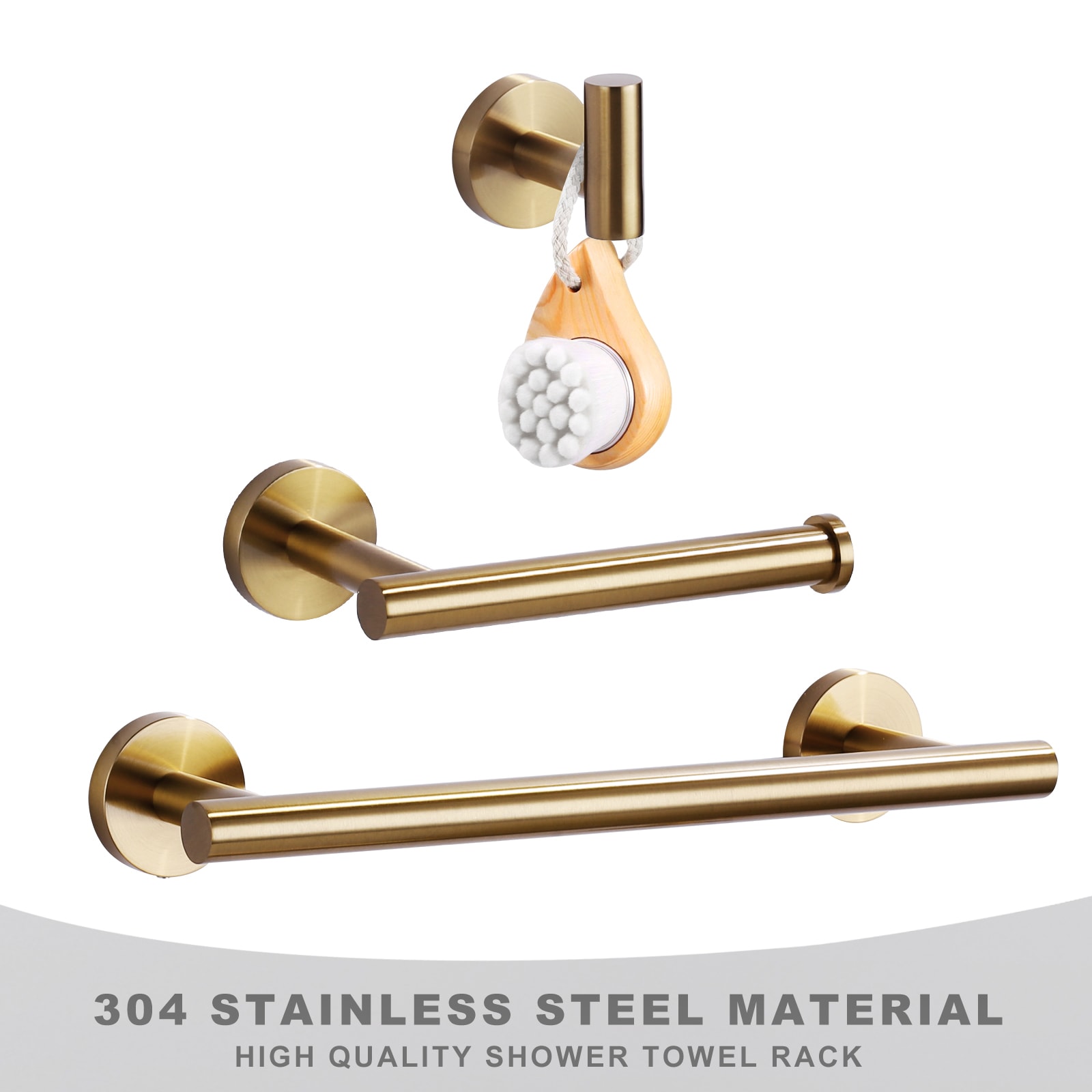 Set de 3 piezas de accesorios de baño decorativos en color dorado. Incluye barra para toallas, portarrollos de papel higiénico y gancho para batas.