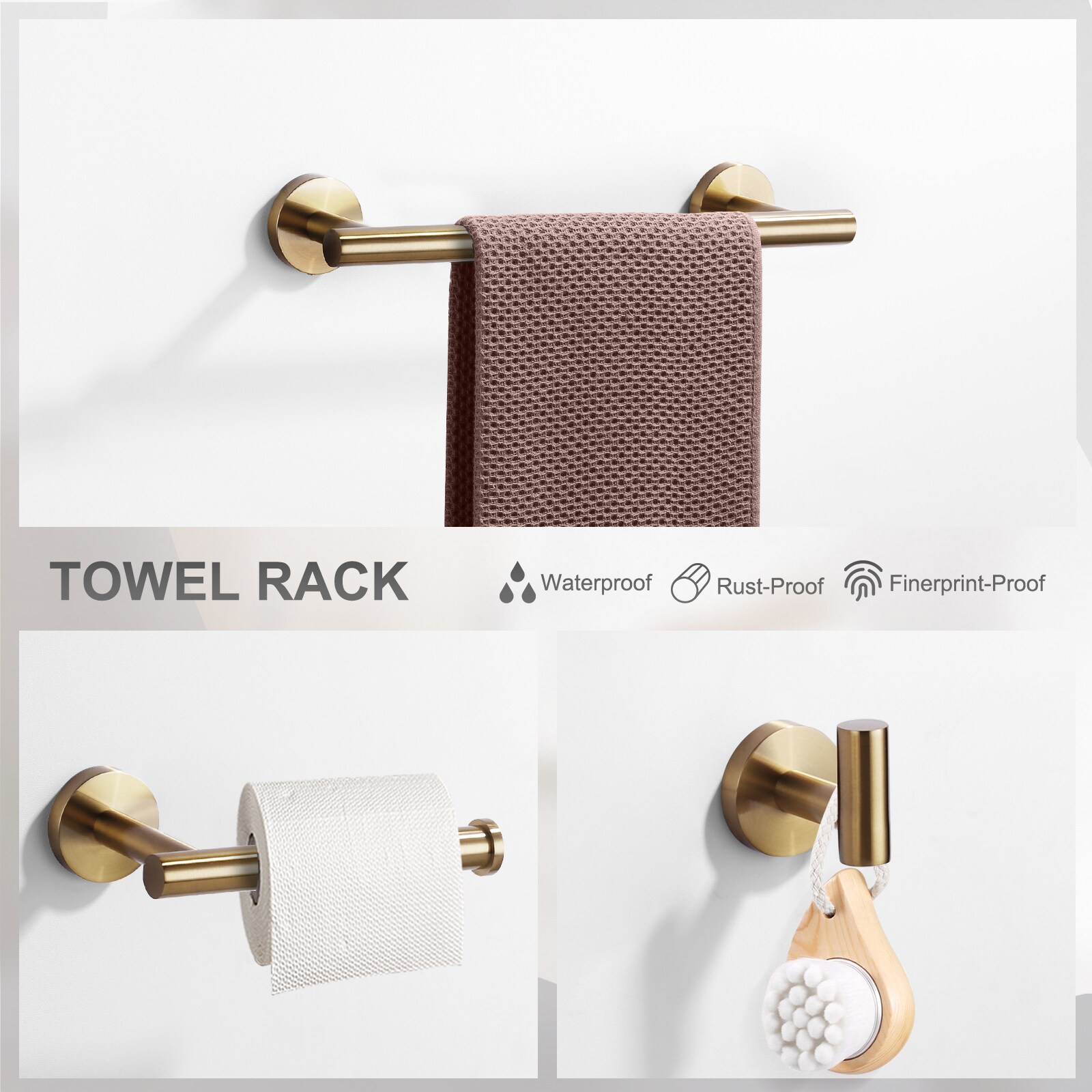 Set de 3 piezas de accesorios de baño decorativos en color dorado. Incluye barra para toallas, portarrollos de papel higiénico y gancho para batas.