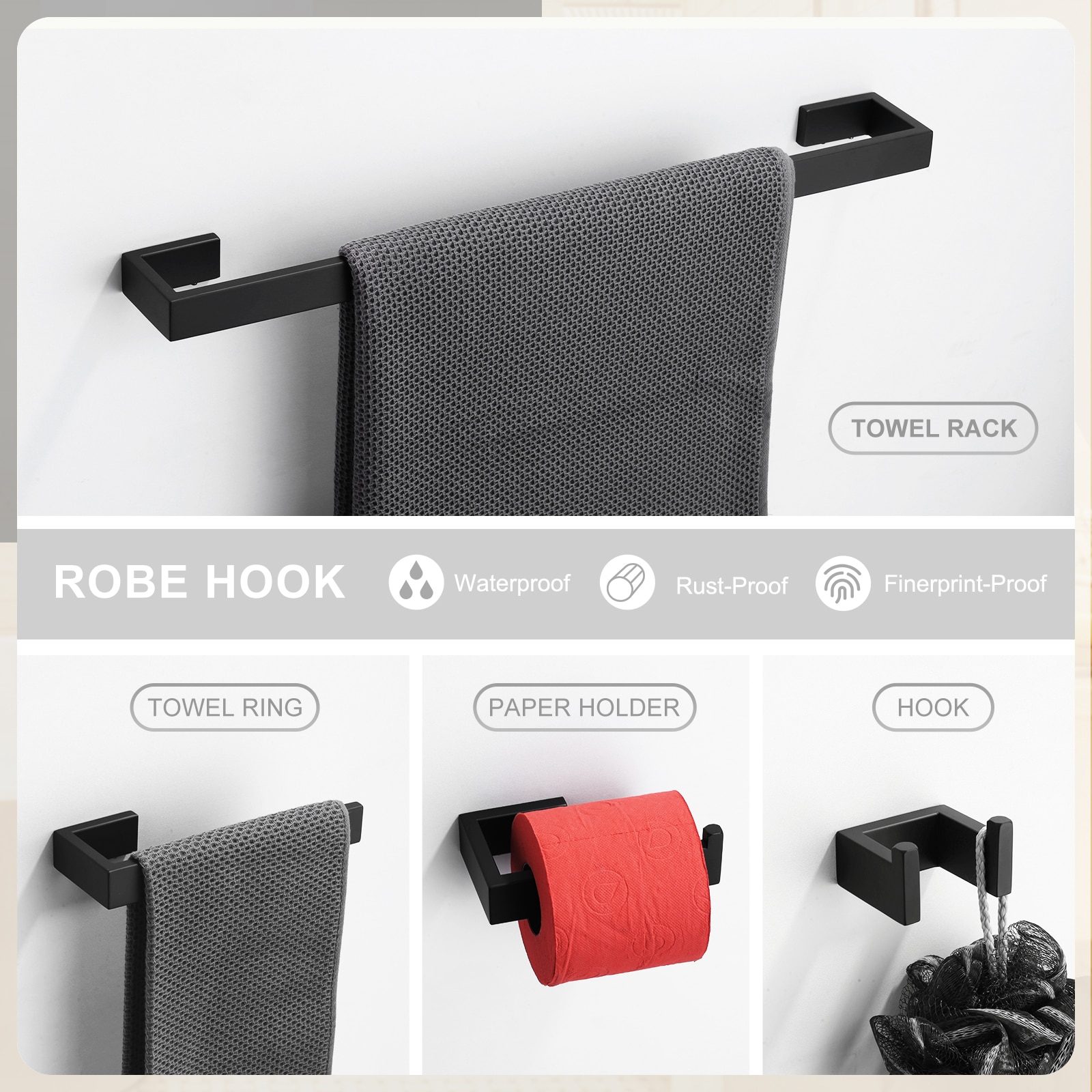 Set de accesorios de baño decorativos en negro mate de 4 piezas WOWOW - Incluye barra de toalla, porta papel higiénico y gancho para batas 410065B-LW