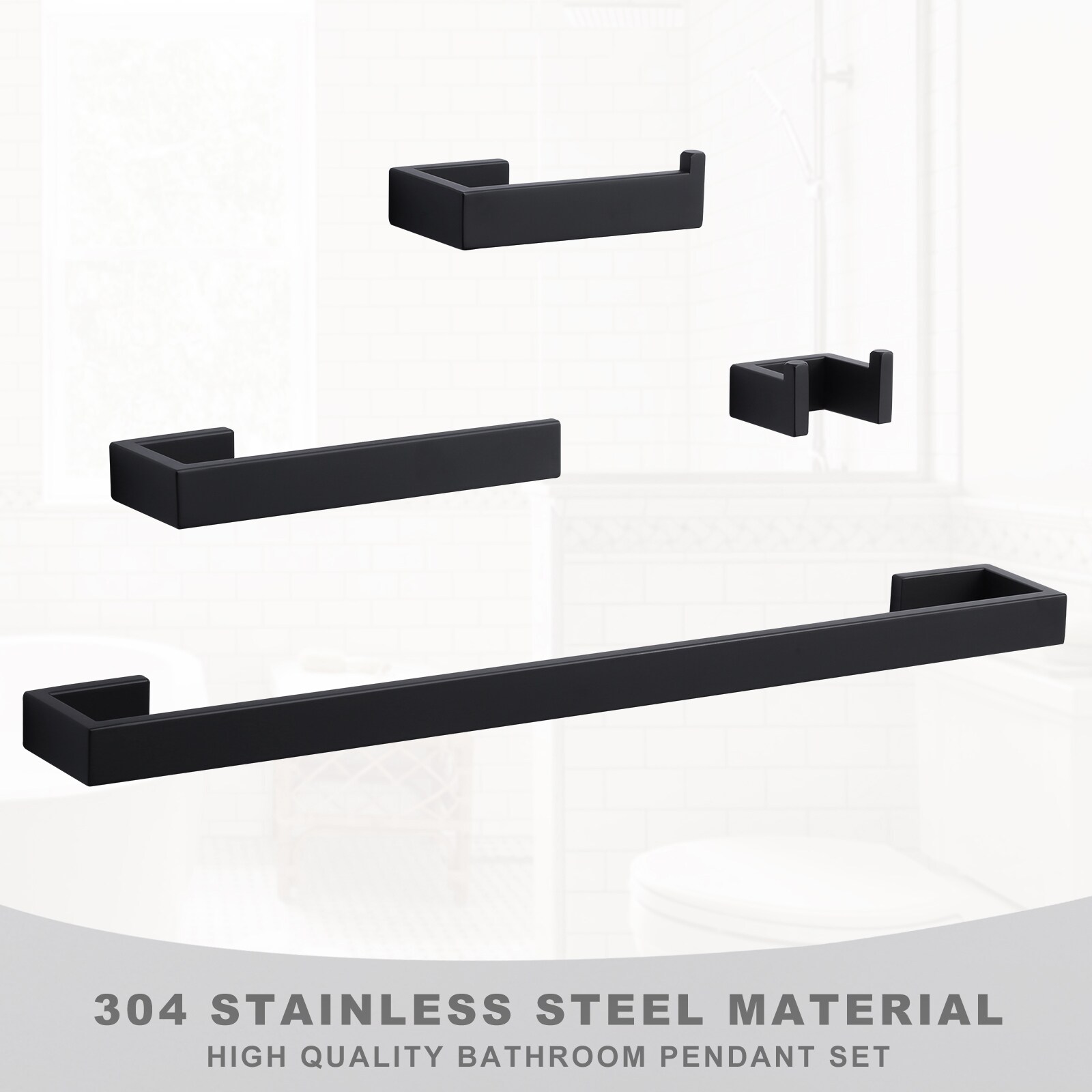 Set de accesorios de baño decorativos en negro mate de 4 piezas WOWOW - Incluye barra de toalla, porta papel higiénico y gancho para batas 410065B-LW