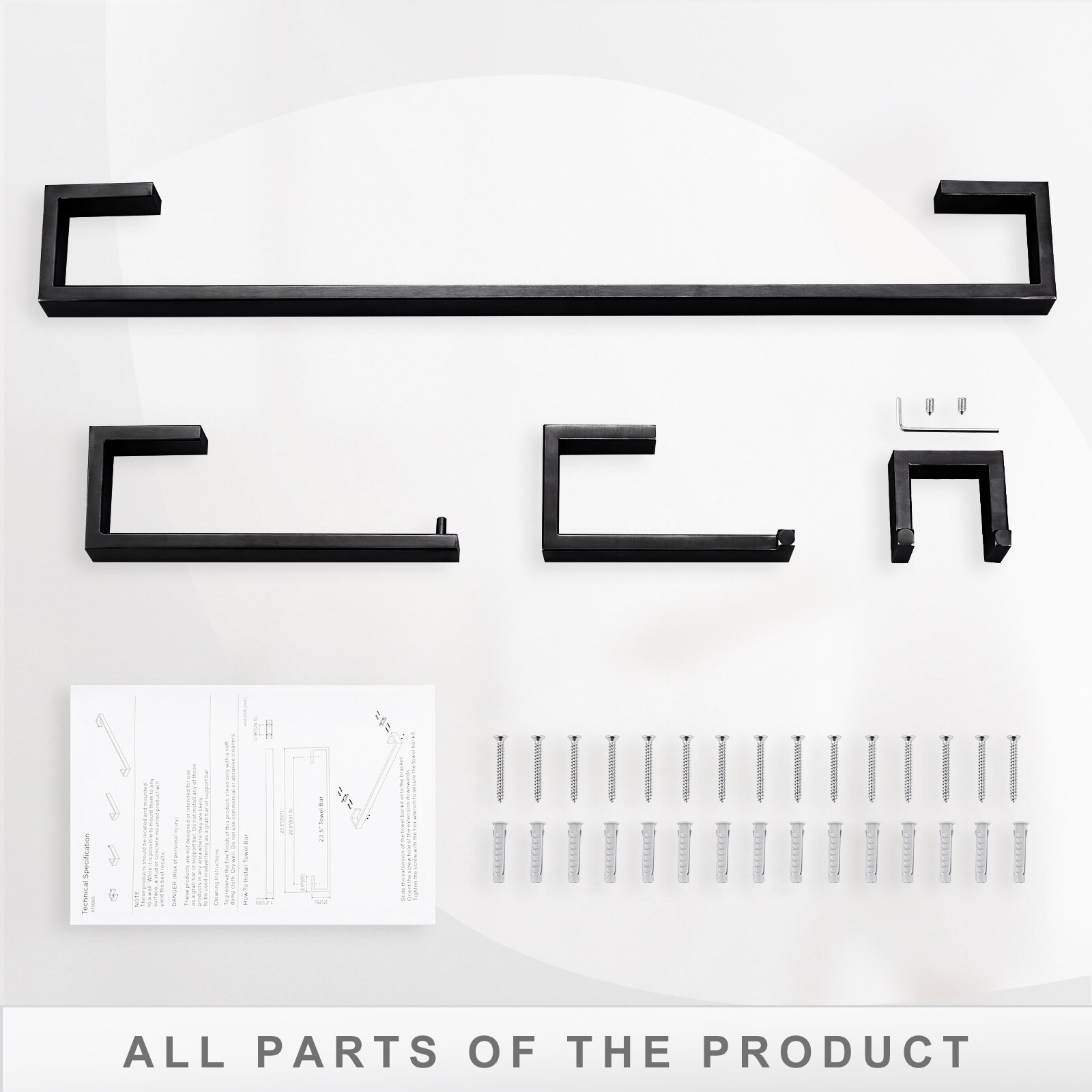 Set de accesorios de baño decorativos en negro mate de 4 piezas WOWOW - Incluye barra de toalla, porta papel higiénico y gancho para batas 410065B-LW