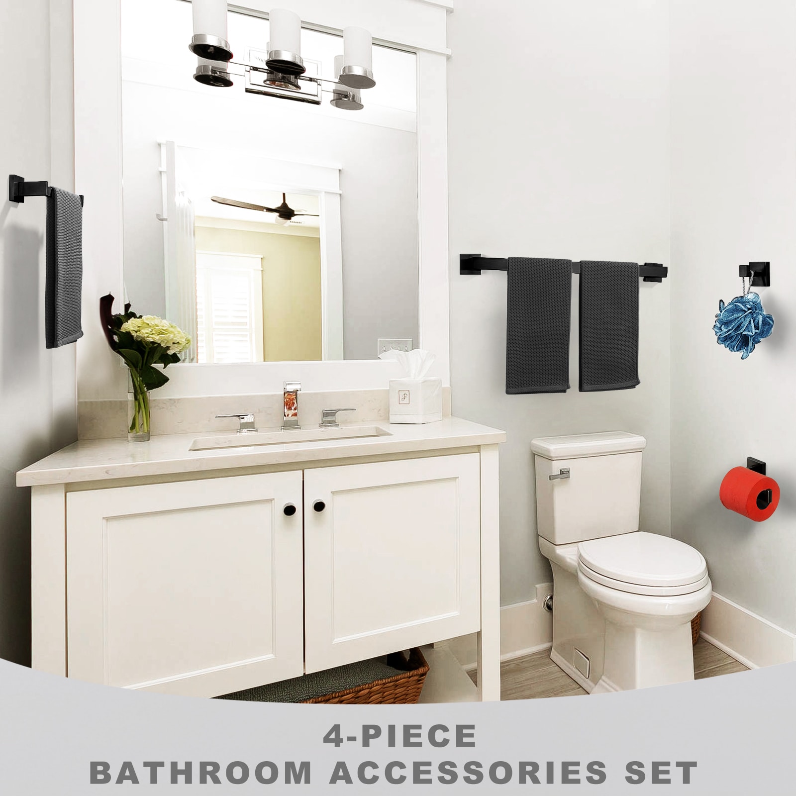 Juego de accesorios para baño en negro mate de 4 piezas WOWOW: Barra de toallas, portarrollos, gancho para batas incluidos 410094B-LW
