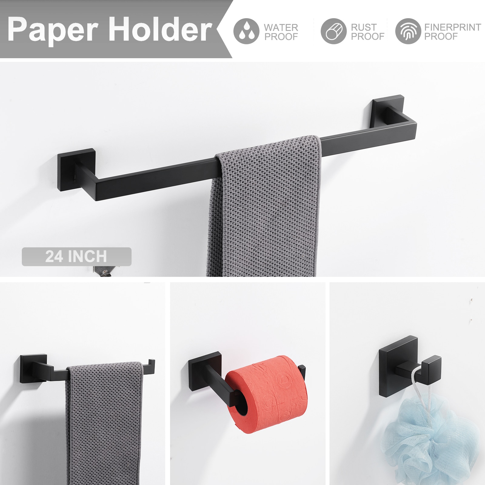 Juego de accesorios para baño en negro mate de 4 piezas WOWOW: Barra de toallas, portarrollos, gancho para batas incluidos 410094B-LW