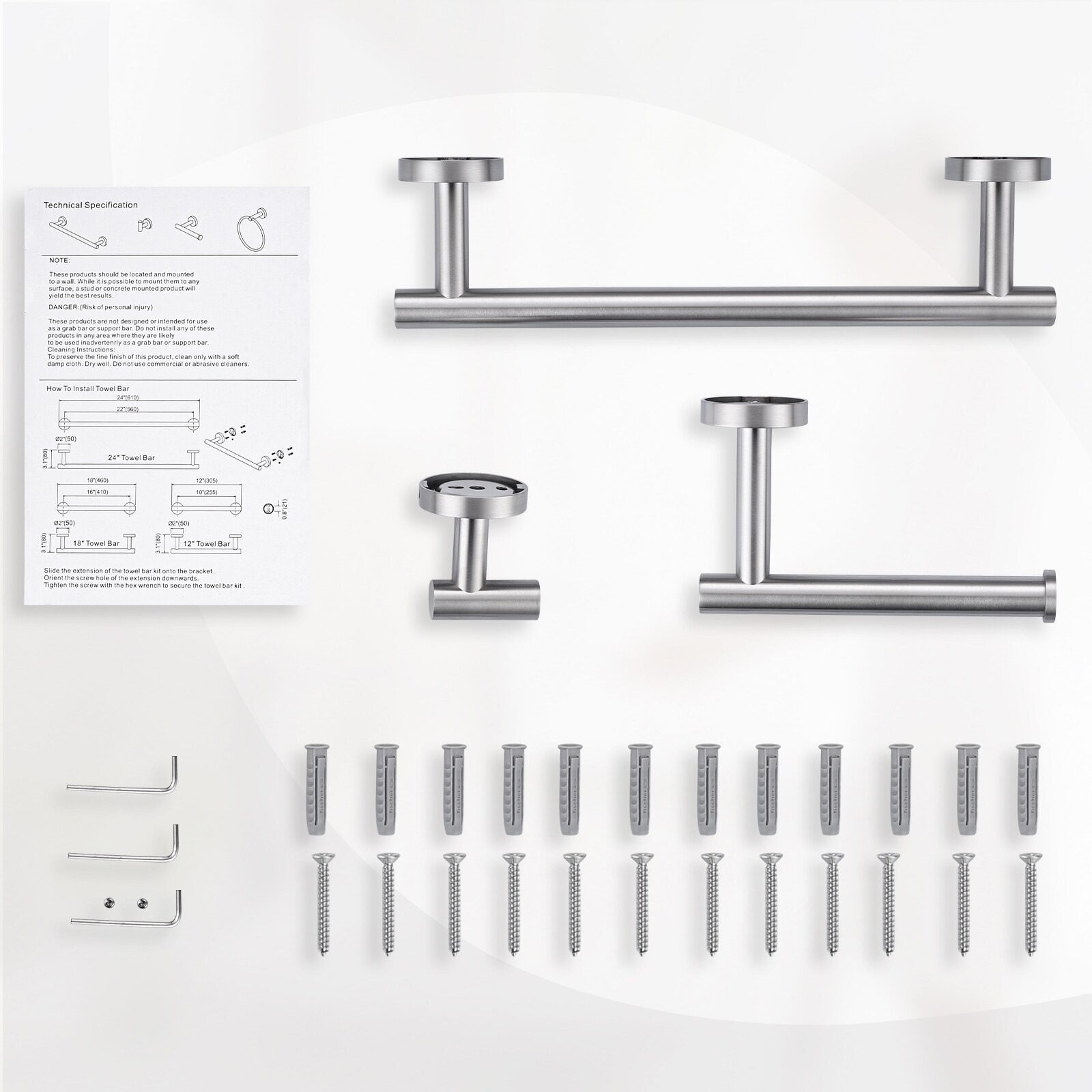Juego de accesorios de baño decorativos de 3 piezas en níquel cepillado - Barra para toallas, porta papel higiénico y gancho para batas incluidos WOWOW 410013-LW