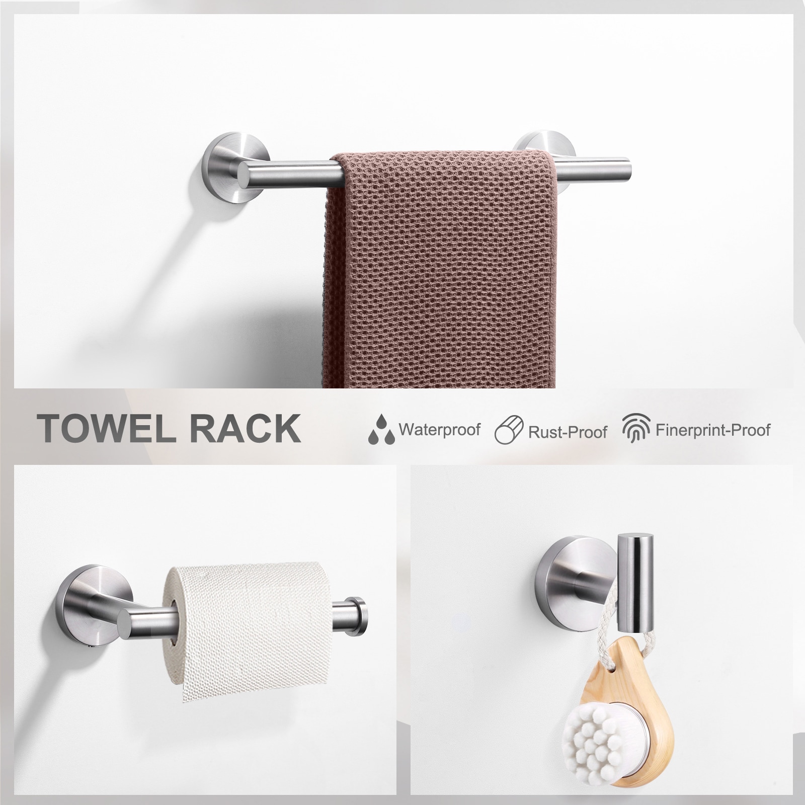 Juego de accesorios de baño decorativos de 3 piezas en níquel cepillado - Barra para toallas, porta papel higiénico y gancho para batas incluidos WOWOW 410013-LW