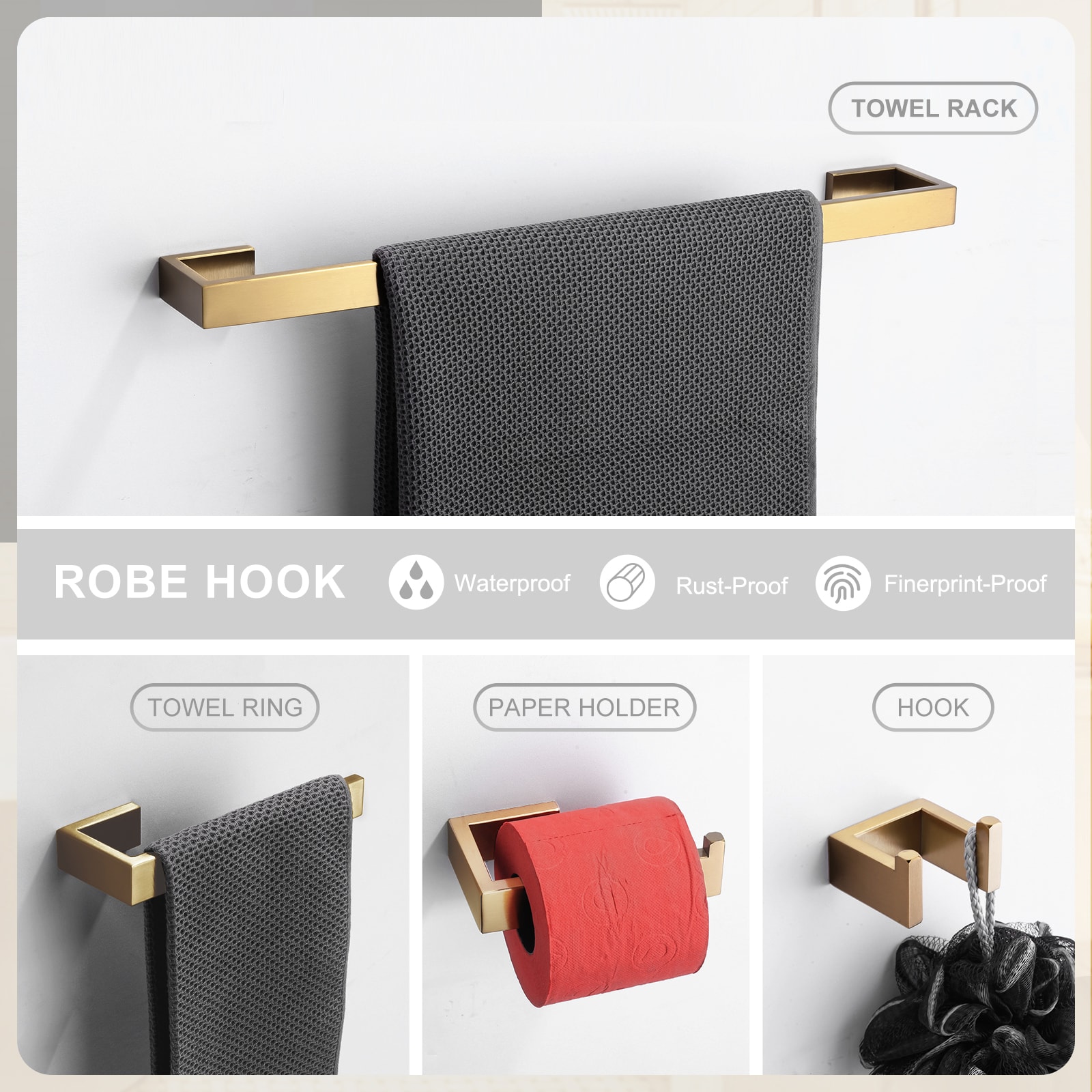 Juego de 4 Piezas de Accesorios de Baño Decorativos en Dorado: Barra para Toallas, Porta Papel Higiénico, Gancho para Batas incluidos 410065G-LW