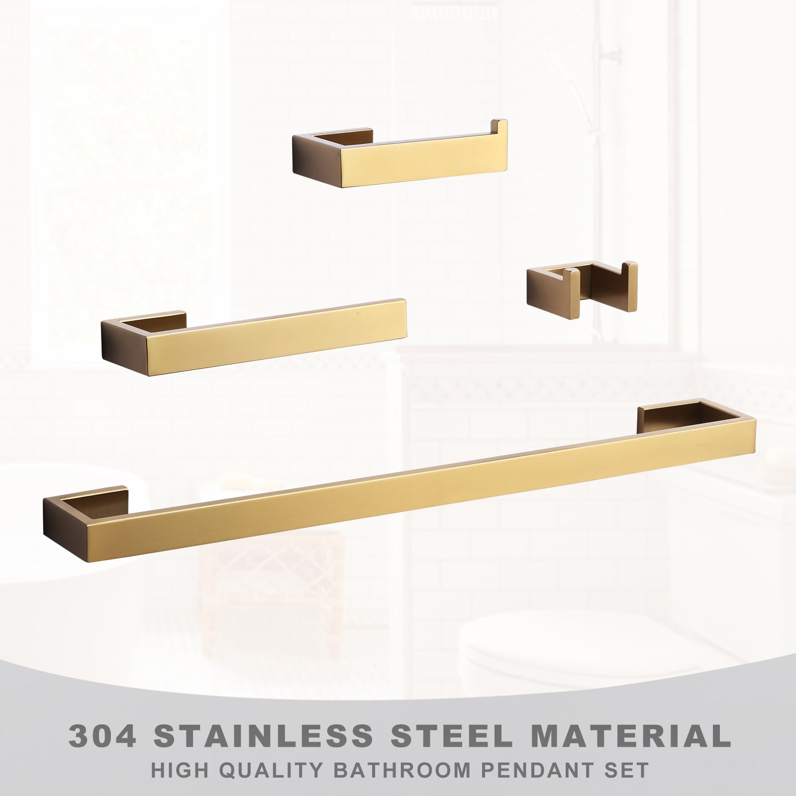 Juego de 4 Piezas de Accesorios de Baño Decorativos en Dorado: Barra para Toallas, Porta Papel Higiénico, Gancho para Batas incluidos 410065G-LW