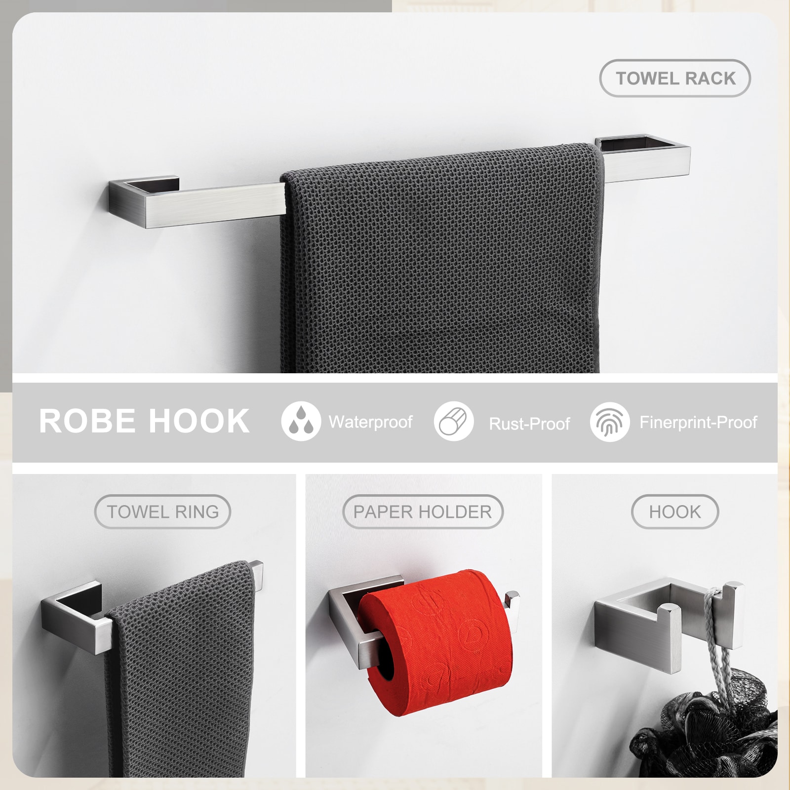 Set de accesorios de baño decorativos en níquel cepillado de 4 piezas WOWOW - Incluye barra de toalla, porta papel higiénico y gancho para batas