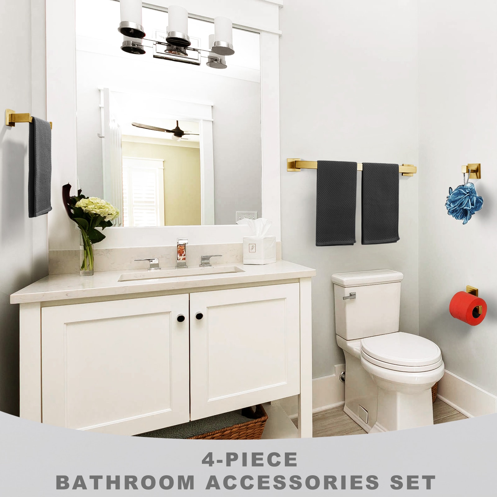 Juego de accesorios de baño decorativo en color dorado de 4 piezas: Barra para toallas, porta rollos de papel higiénico, gancho para batas incluido 410094G-LW