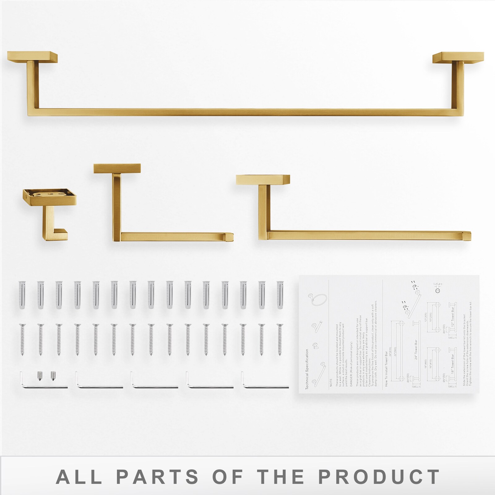 Juego de accesorios de baño decorativo en color dorado de 4 piezas: Barra para toallas, porta rollos de papel higiénico, gancho para batas incluido 410094G-LW