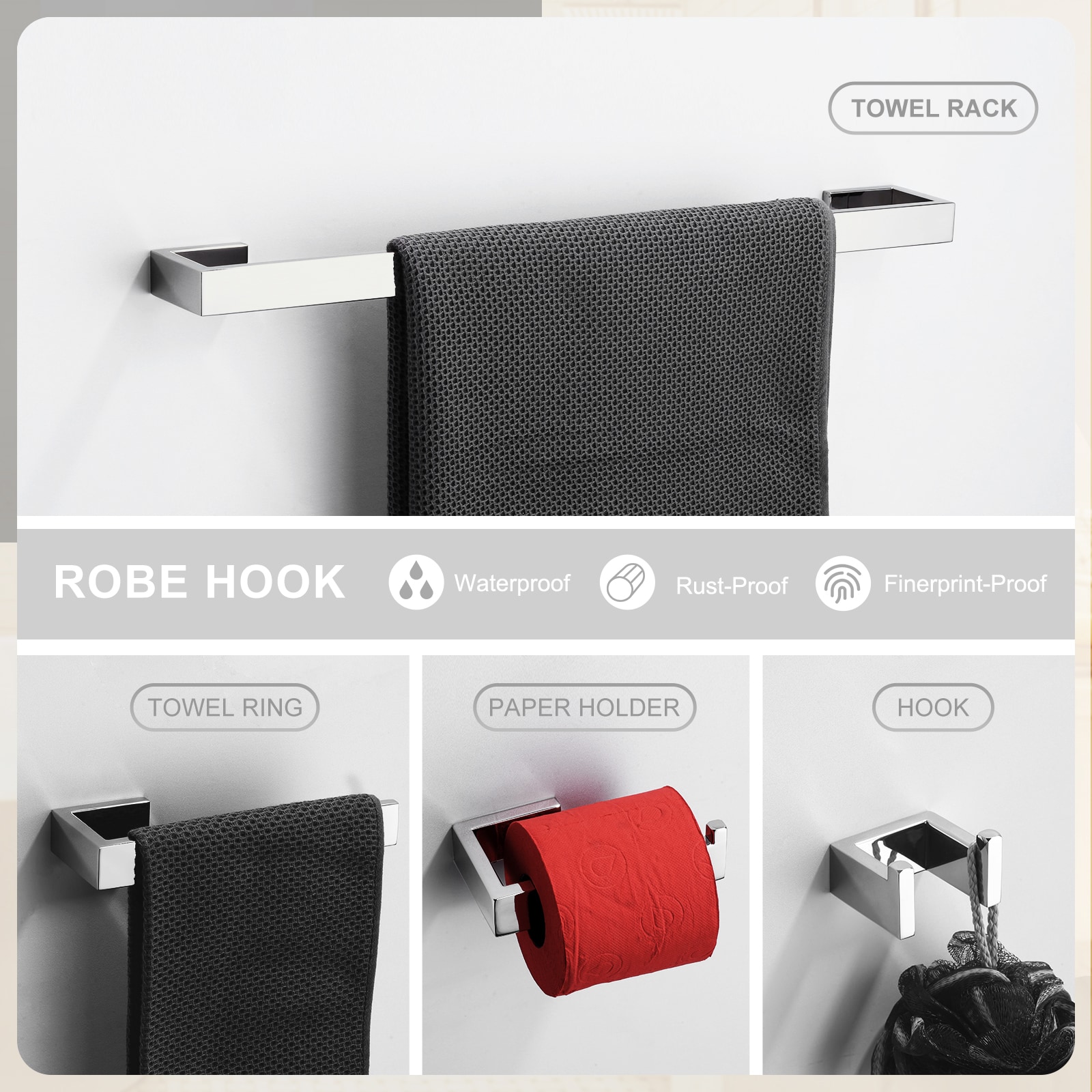 Set de Accesorios para Baño Decorativo de Cromo de 4 Piezas WOWOW - Incluye Barra de Toalla, Portarrollos de Papel Higiénico y Gancho para Batas 410065C-LW