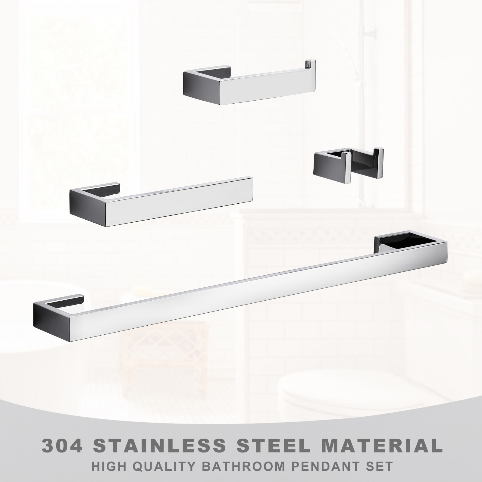 Set de Accesorios para Baño Decorativo de Cromo de 4 Piezas WOWOW - Incluye Barra de Toalla, Portarrollos de Papel Higiénico y Gancho para Batas 410065C-LW