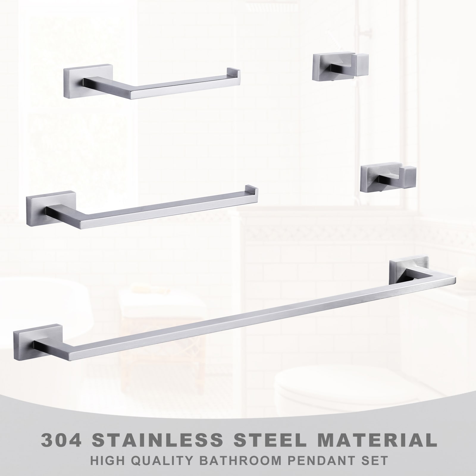 Set de 5 piezas de accesorios para baño en níquel cepillado, incluye barra de toallas, portapapel higiénico y gancho para batas - WOWOW