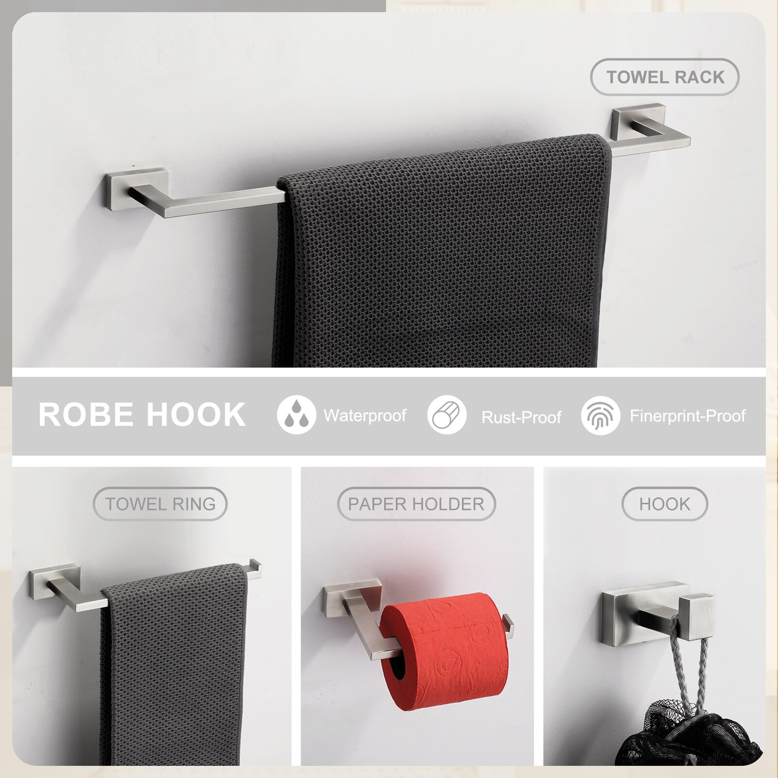 Set de 5 piezas de accesorios para baño en níquel cepillado, incluye barra de toallas, portapapel higiénico y gancho para batas - WOWOW