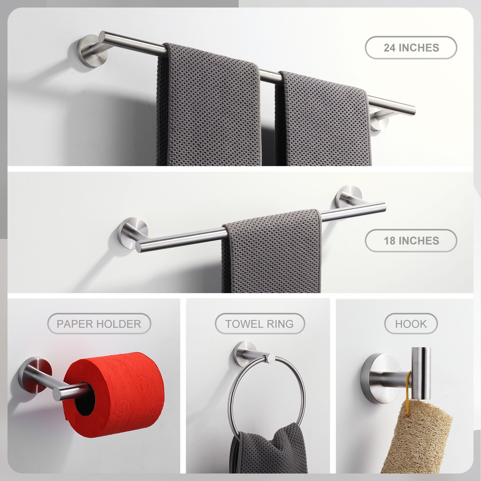 Juego de accesorios para baño en níquel cepillado de 6 piezas WOWOW - Barra de toalla, portarrollos de papel, argolla de toalla, gancho para batas incluido 410016-LW