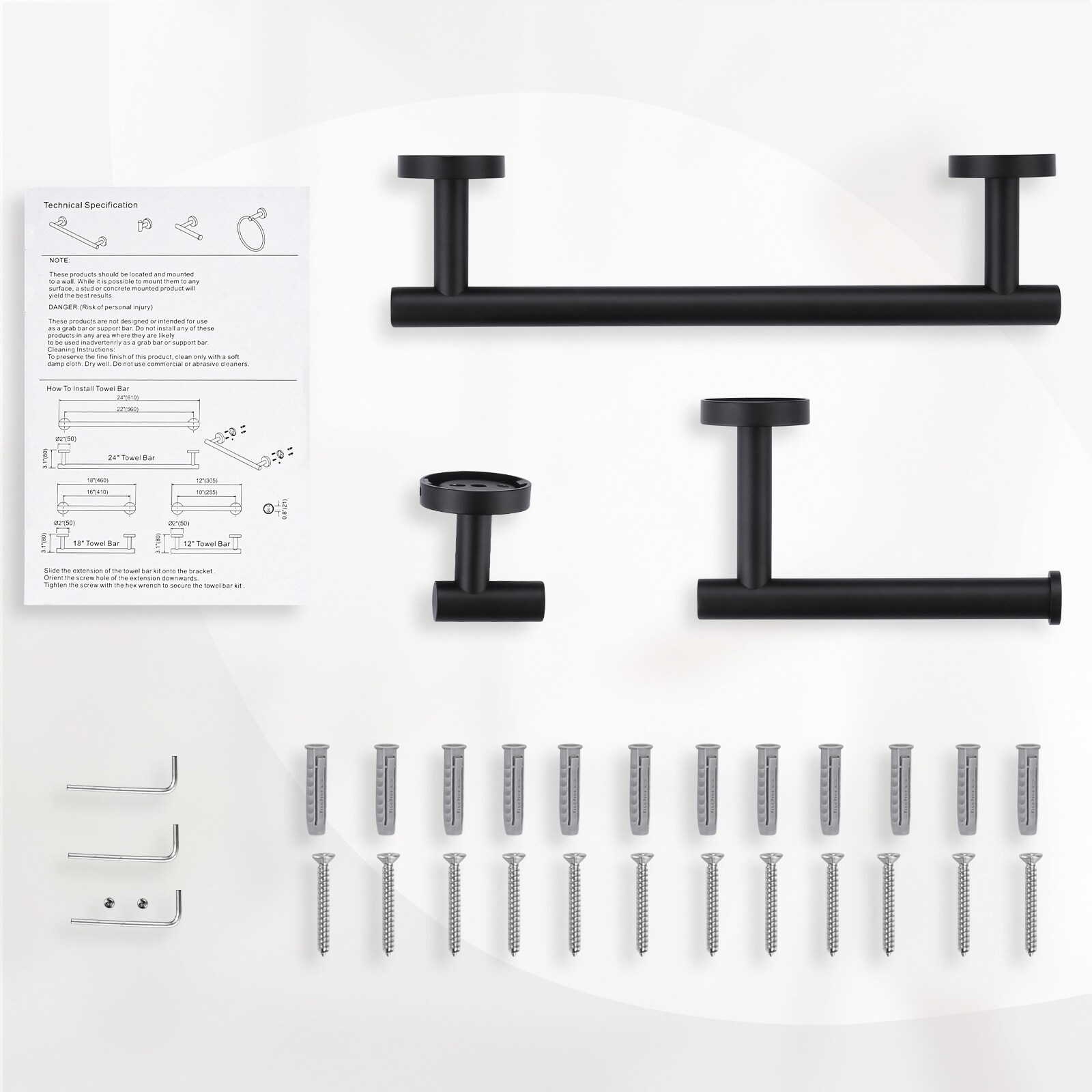 Juego de accesorios para baño decorativos de 3 piezas en negro - Barra de toalla, porta papel higiénico, gancho para bata incluidos 410013B-LW